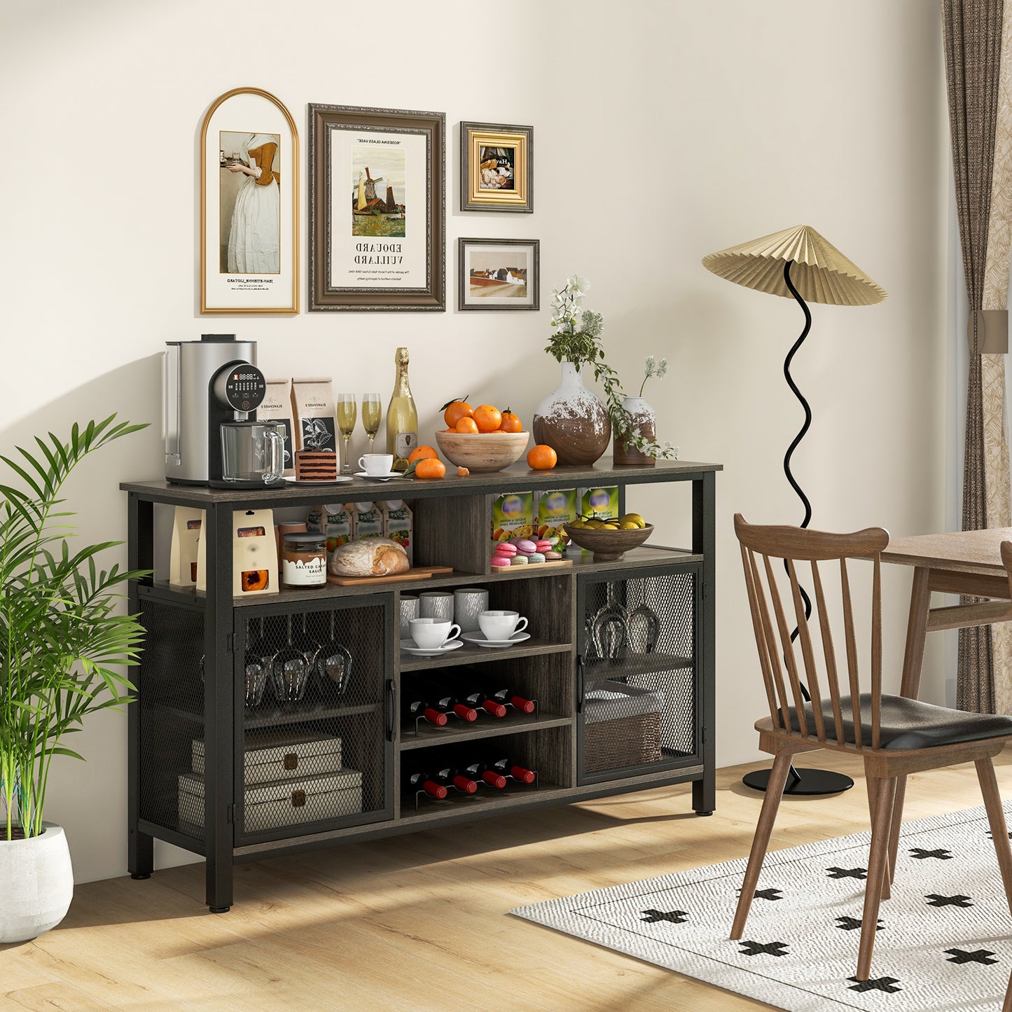 55 Inch Wine Bar Cabinet with Glass Holders, 8 Bottle Rack and Storage Shelves - Grey