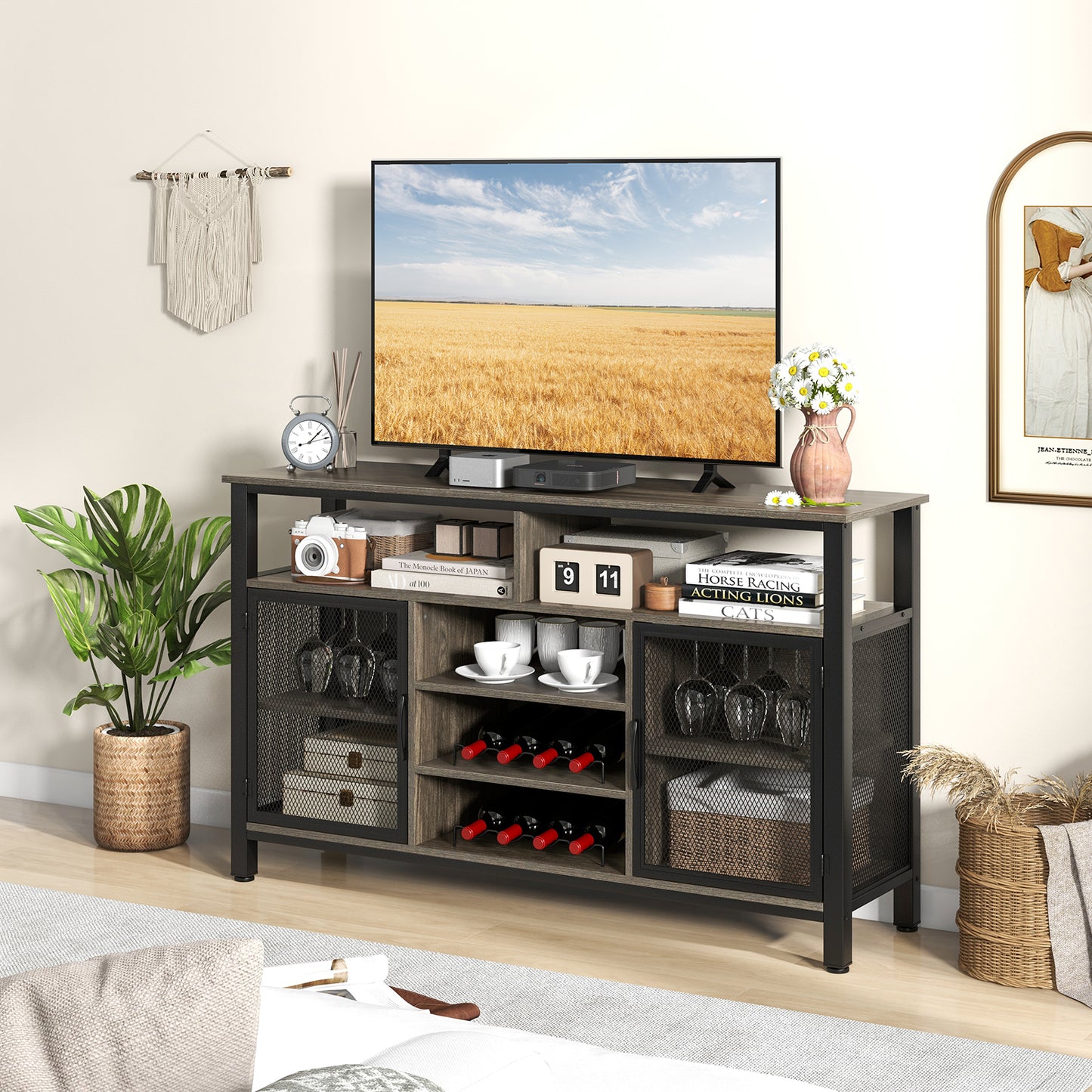 55 Inch Wine Bar Cabinet with Glass Holders, 8 Bottle Rack and Storage Shelves - Grey