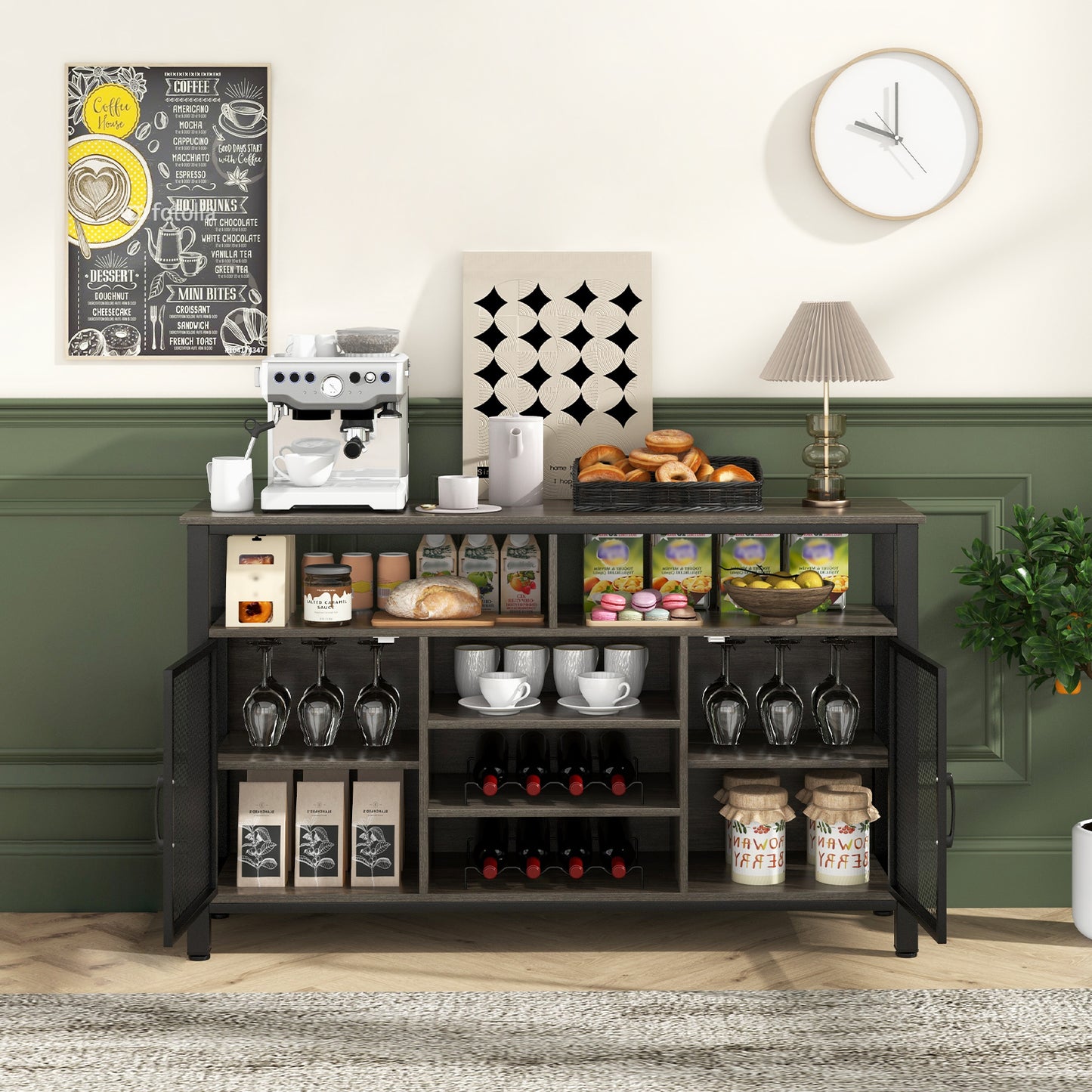 55 Inch Wine Bar Cabinet with Glass Holders, 8 Bottle Rack and Storage Shelves - Grey