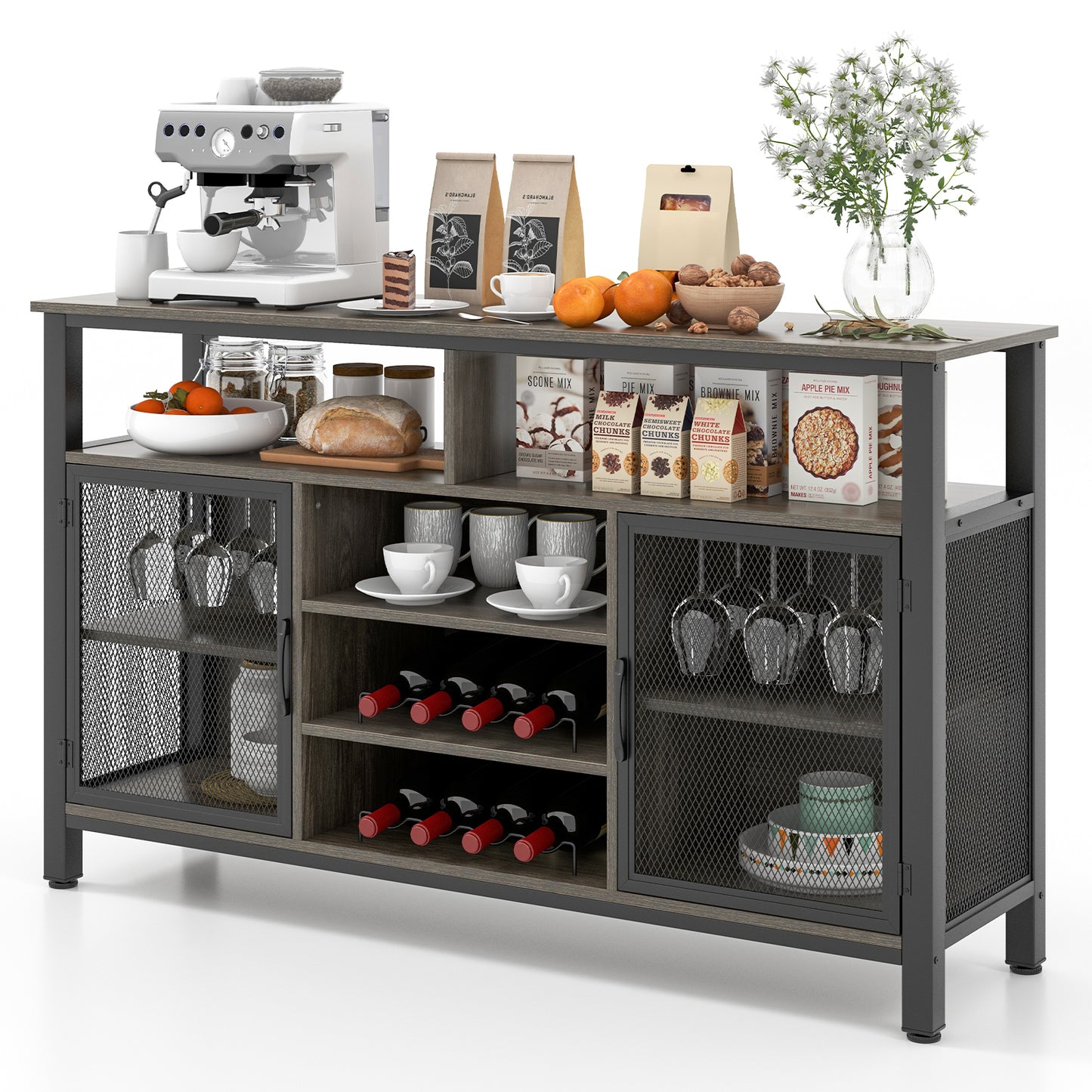 55 Inch Wine Bar Cabinet with Glass Holders, 8 Bottle Rack and Storage Shelves - Grey