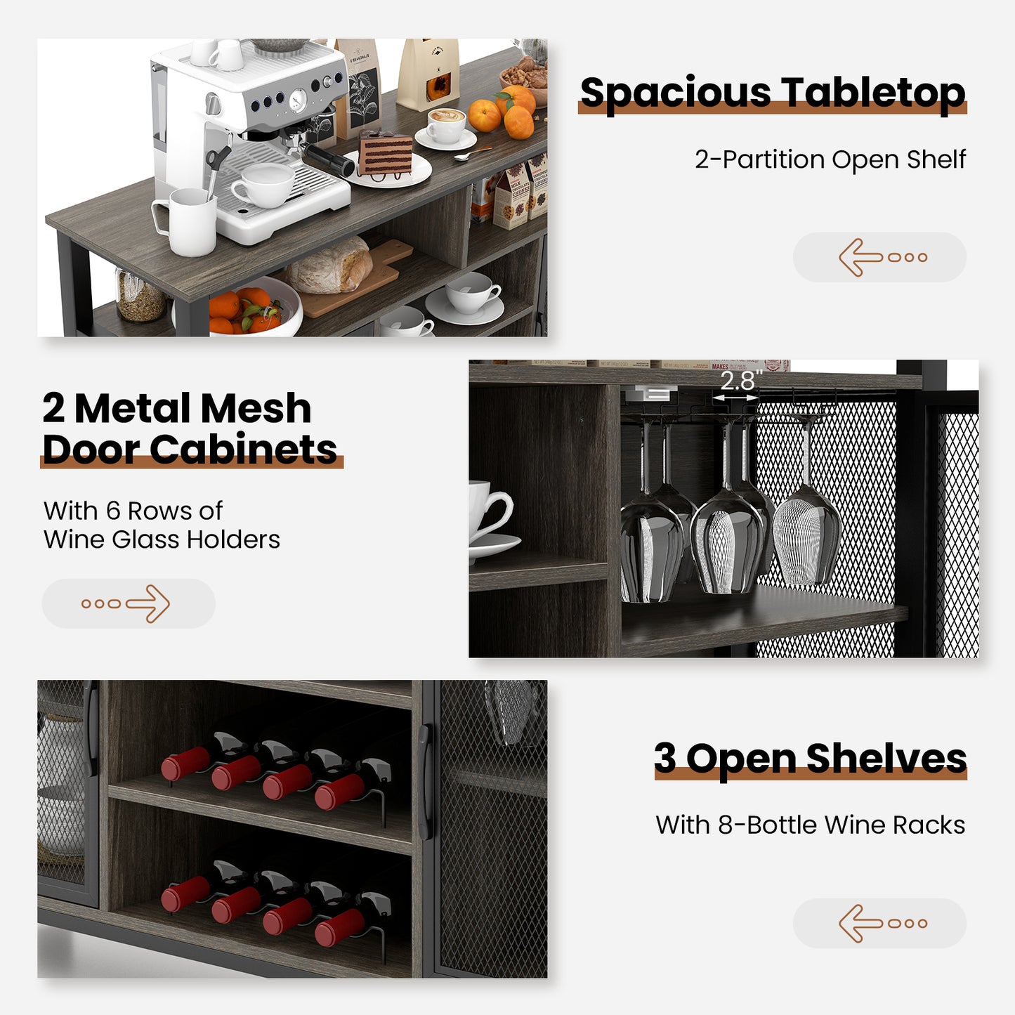 55 Inch Wine Bar Cabinet with Glass Holders, 8 Bottle Rack and Storage Shelves - Grey