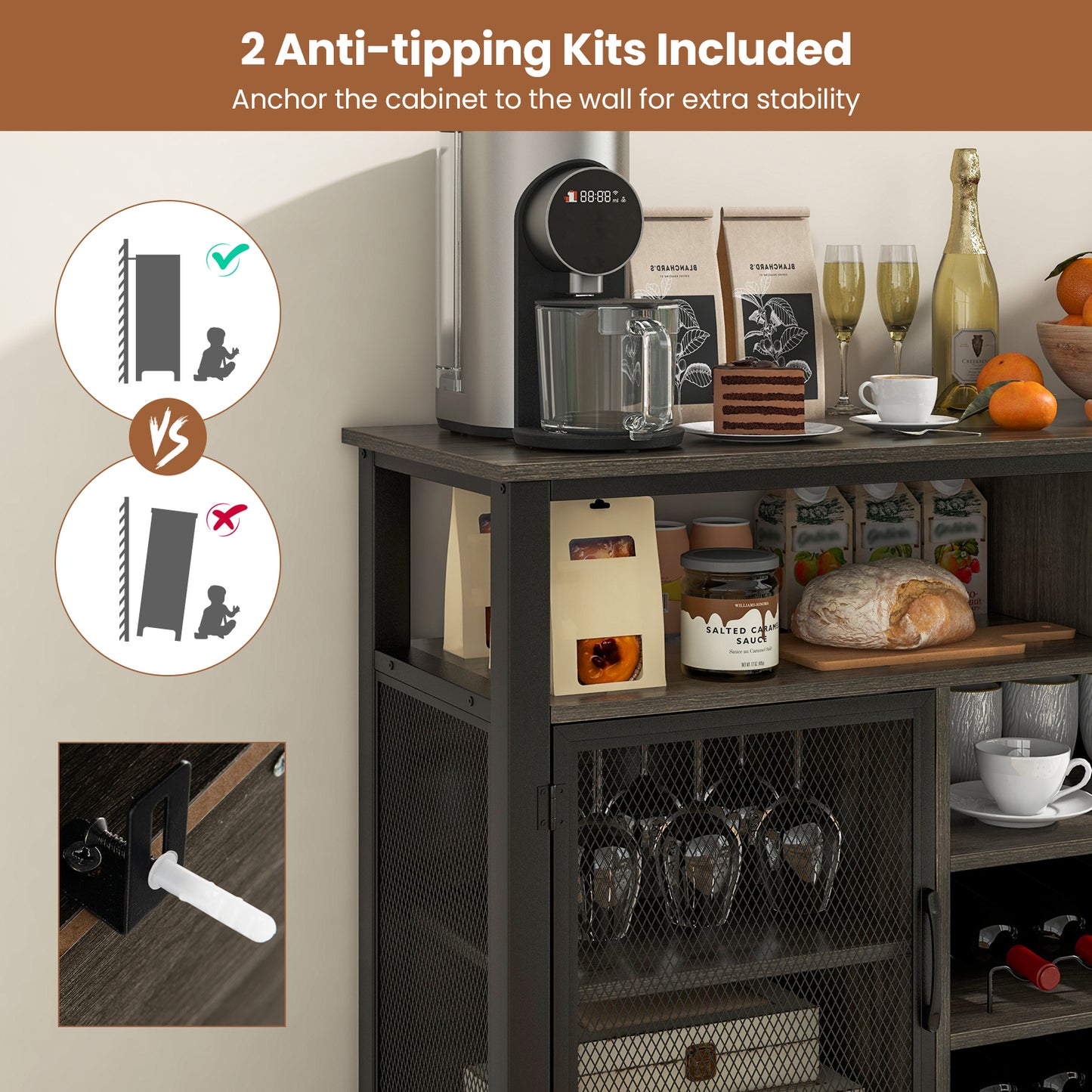 55 Inch Wine Bar Cabinet with Glass Holders, 8 Bottle Rack and Storage Shelves - Grey