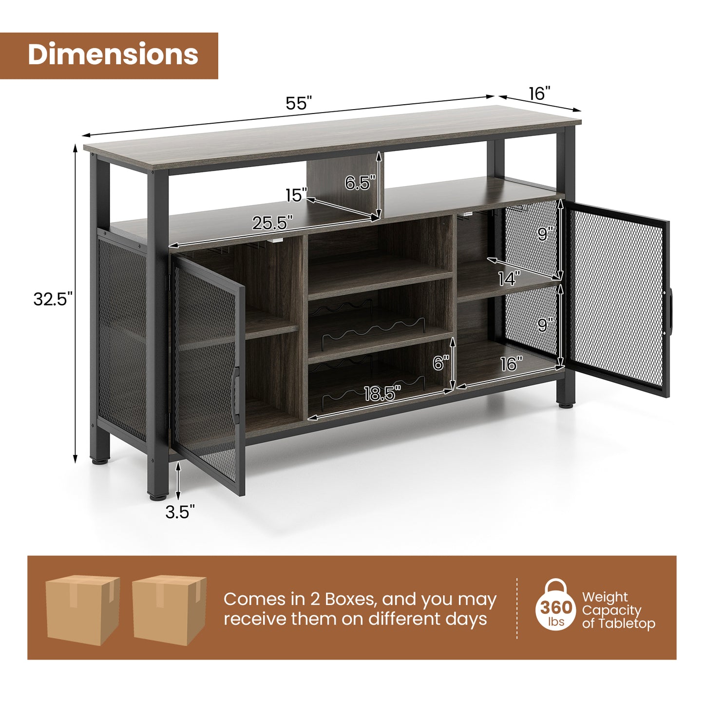55 Inch Wine Bar Cabinet with Glass Holders, 8 Bottle Rack and Storage Shelves - Grey