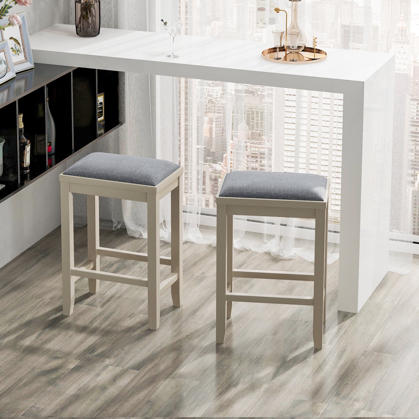 2 Piece Bar Stool Set with Comfortable Upholstery, Footrest, and Wooden Frame, 25 Inch - Griege