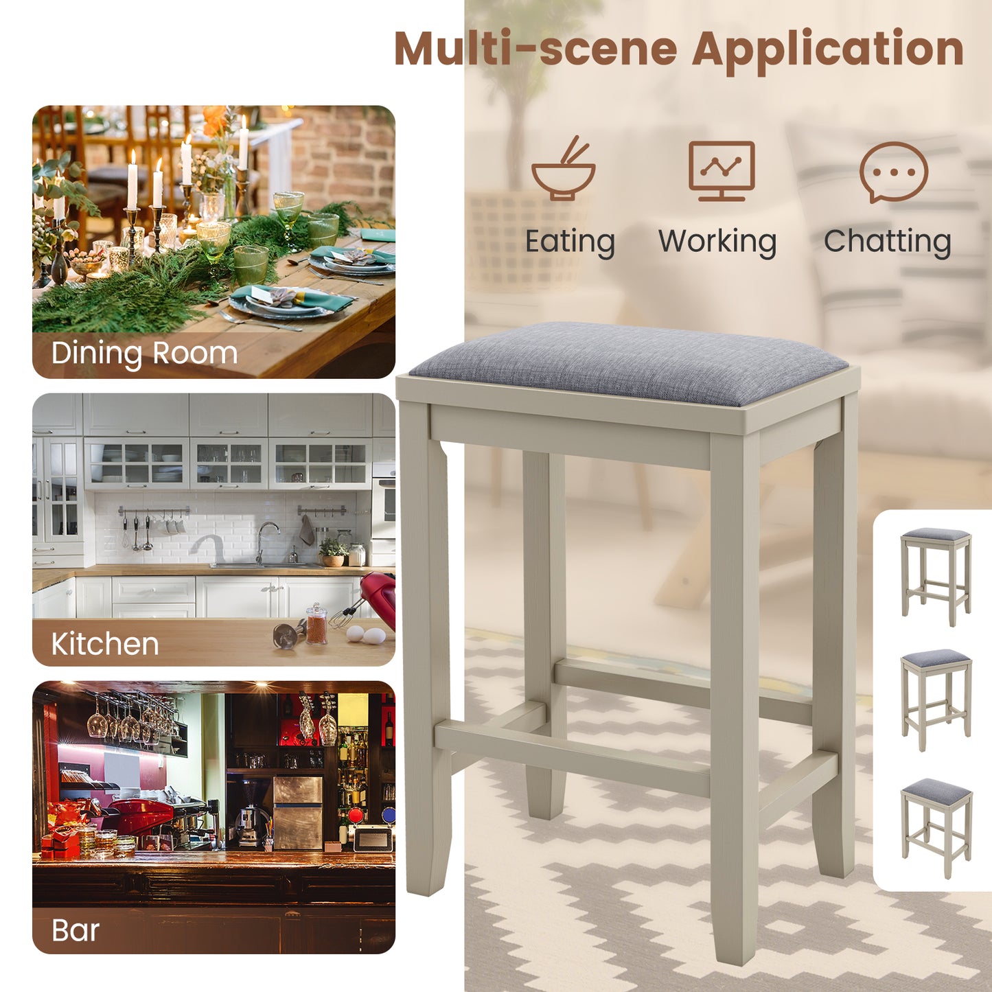 2 Piece Bar Stool Set with Comfortable Upholstery, Footrest, and Wooden Frame, 25 Inch - Griege