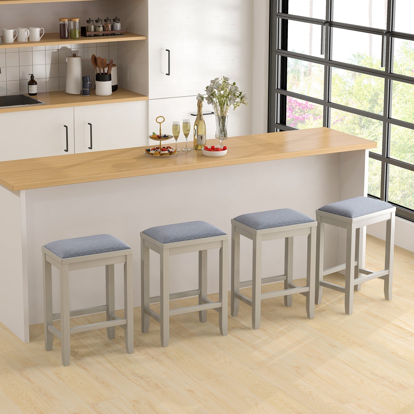 2 Piece Bar Stool Set with Comfortable Upholstery, Footrest, and Wooden Frame, 25 Inch - Griege