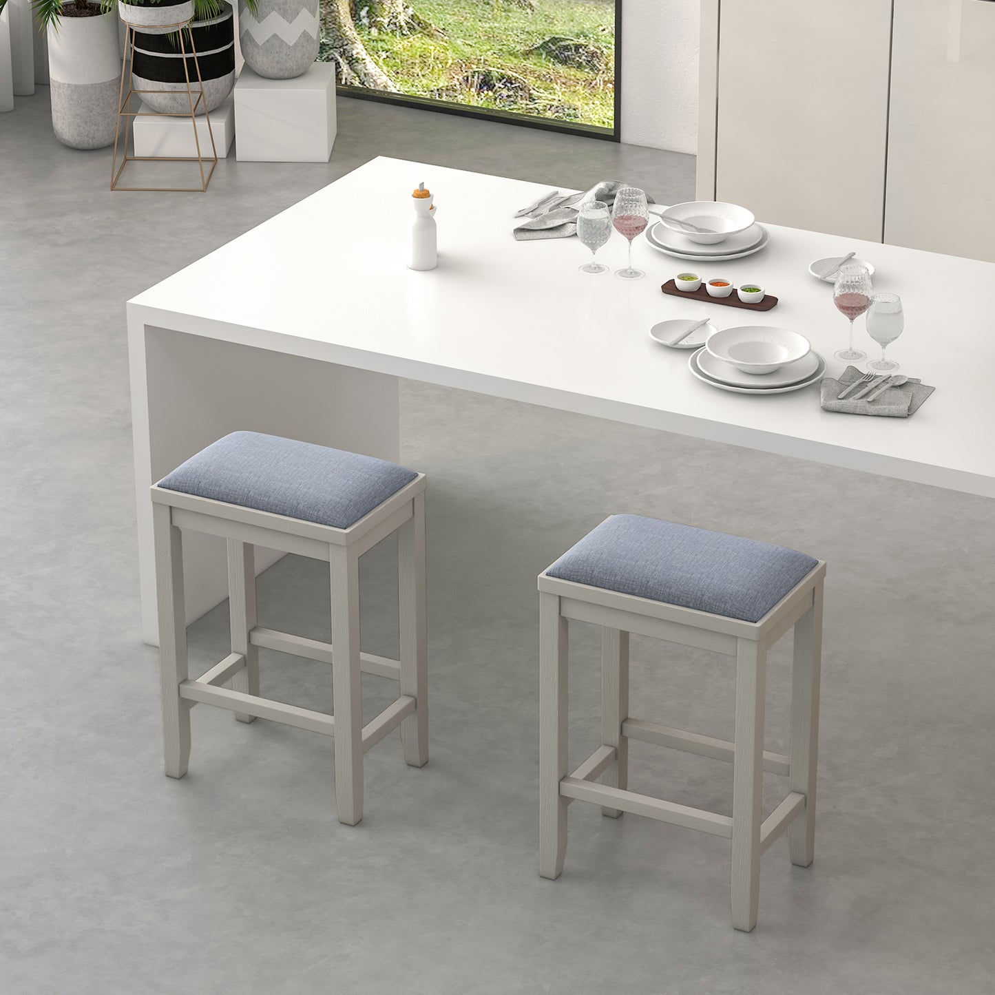 2 Piece Bar Stool Set with Comfortable Upholstery, Footrest, and Wooden Frame, 25 Inch - Griege