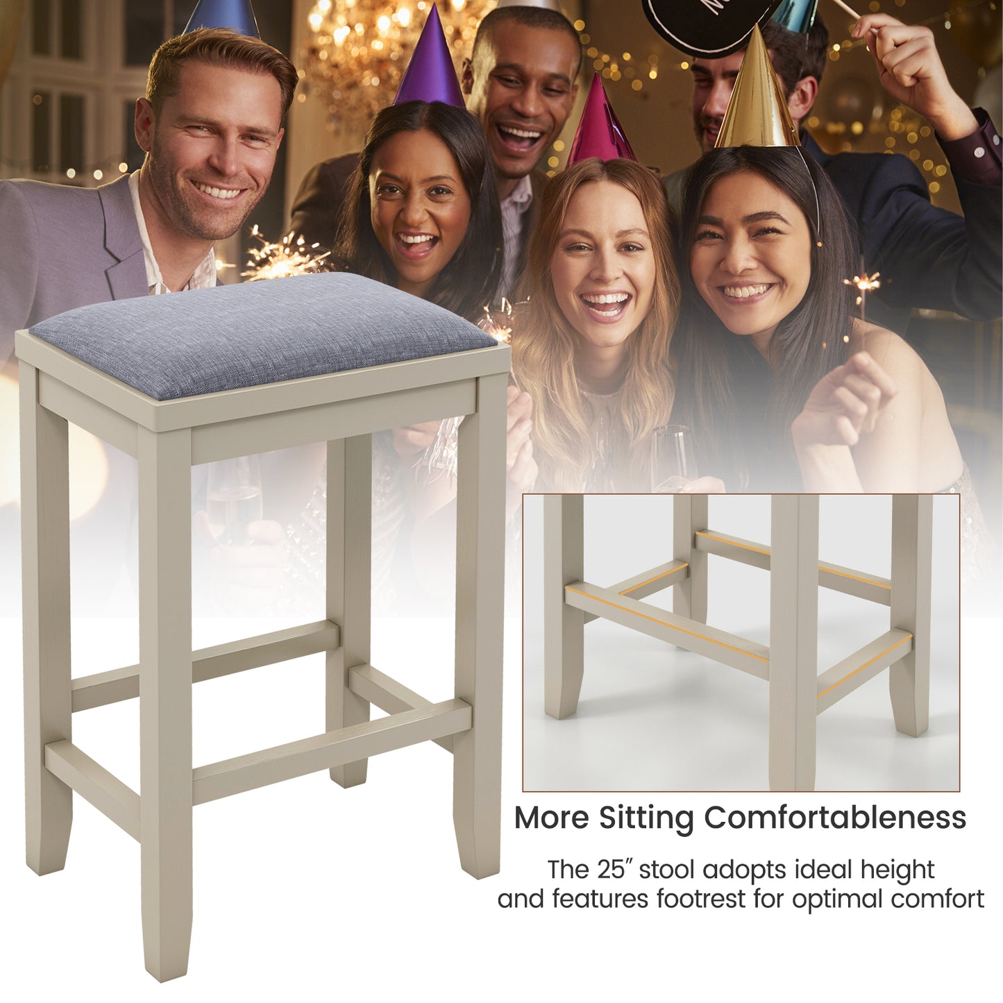 2 Piece Bar Stool Set with Comfortable Upholstery, Footrest, and Wooden Frame, 25 Inch - Griege
