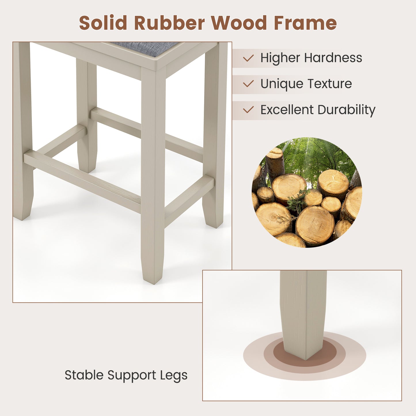 2 Piece Bar Stool Set with Comfortable Upholstery, Footrest, and Wooden Frame, 25 Inch - Griege