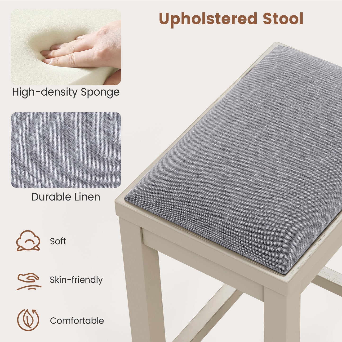 2 Piece Bar Stool Set with Comfortable Upholstery, Footrest, and Wooden Frame, 25 Inch - Griege