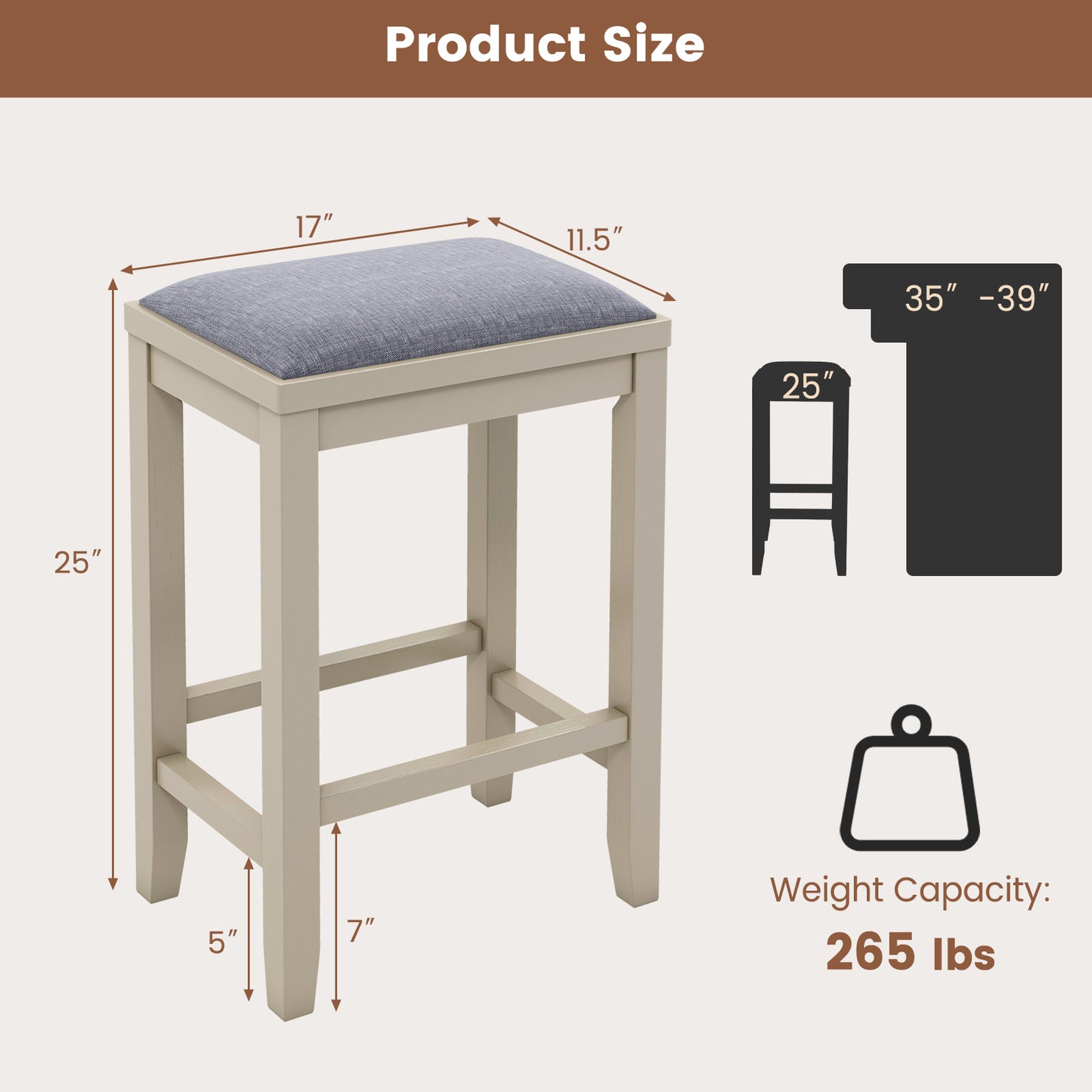 2 Piece Bar Stool Set with Comfortable Upholstery, Footrest, and Wooden Frame, 25 Inch - Griege