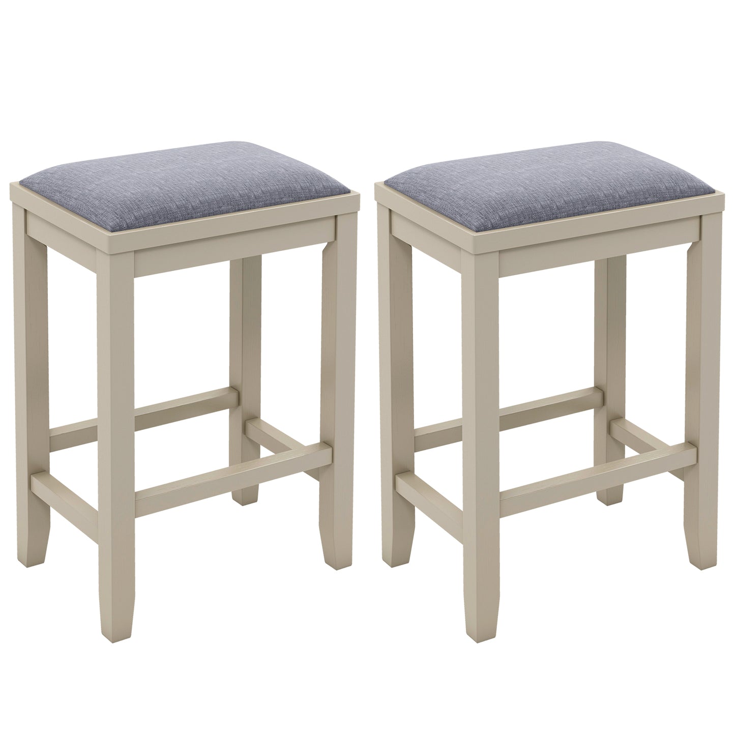 2 Piece Bar Stool Set with Comfortable Upholstery, Footrest, and Wooden Frame, 25 Inch - Griege