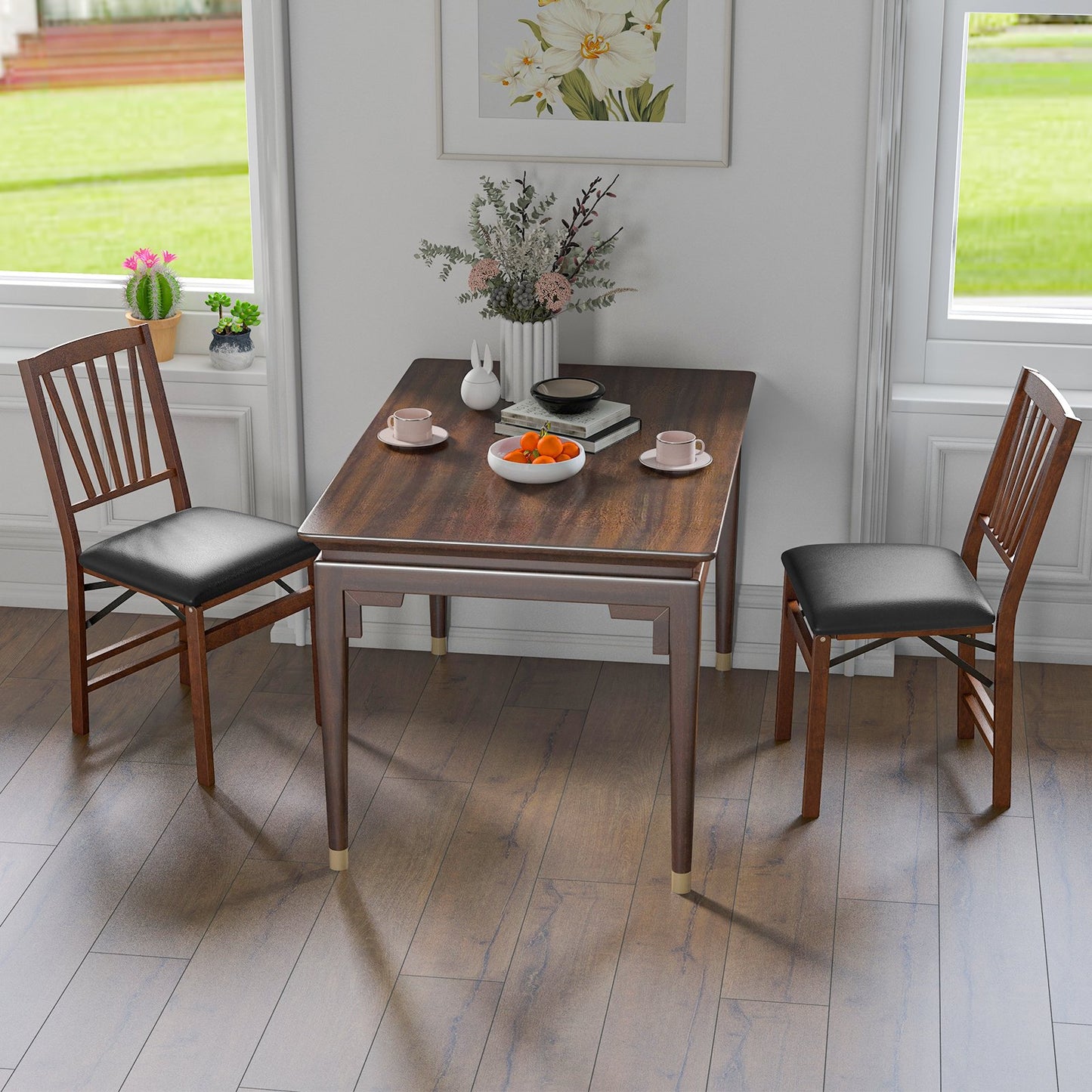 Pair of Folding Chairs with Padded Seat and Sturdy Rubber Wood Frame for Compact Storage