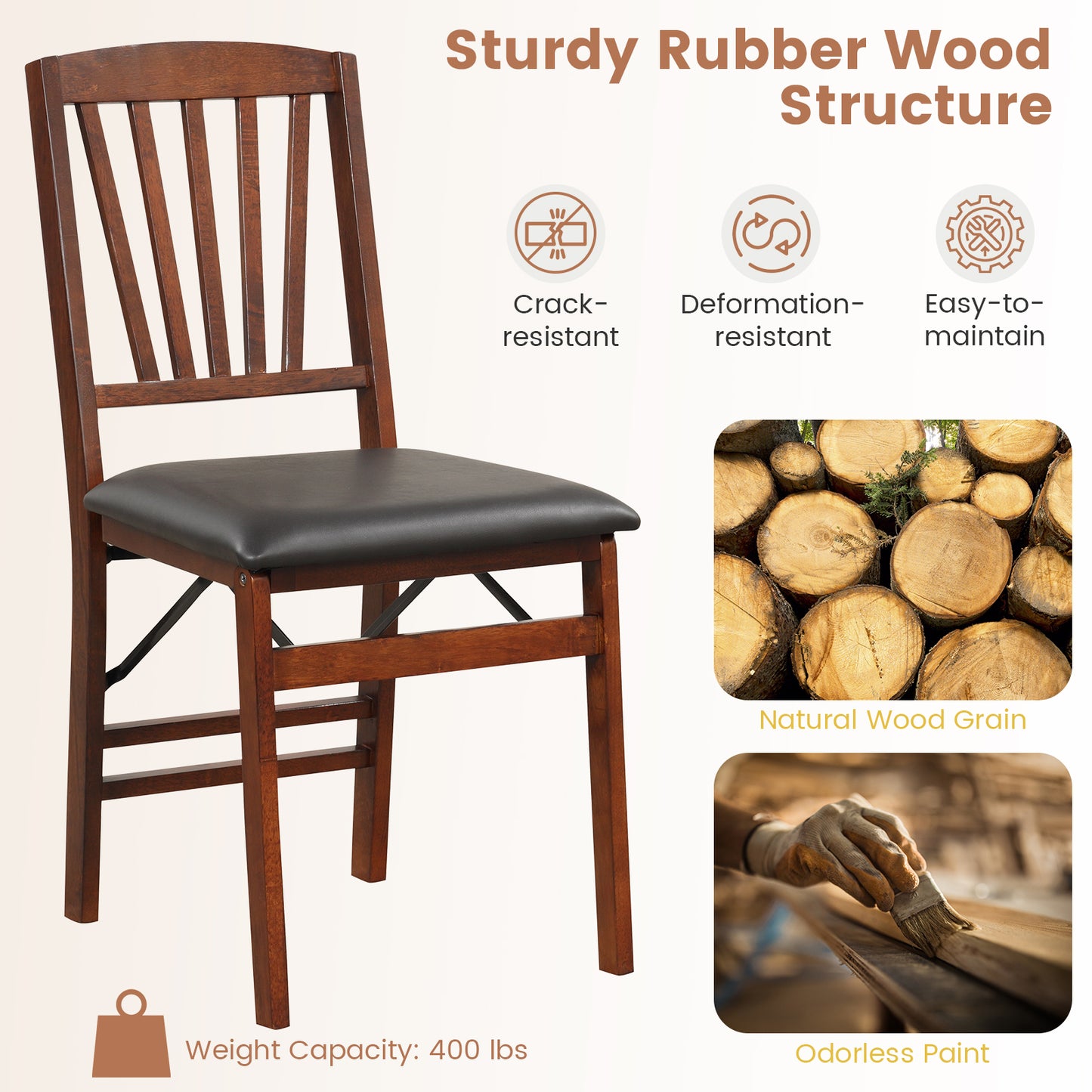 Pair of Folding Chairs with Padded Seat and Sturdy Rubber Wood Frame for Compact Storage