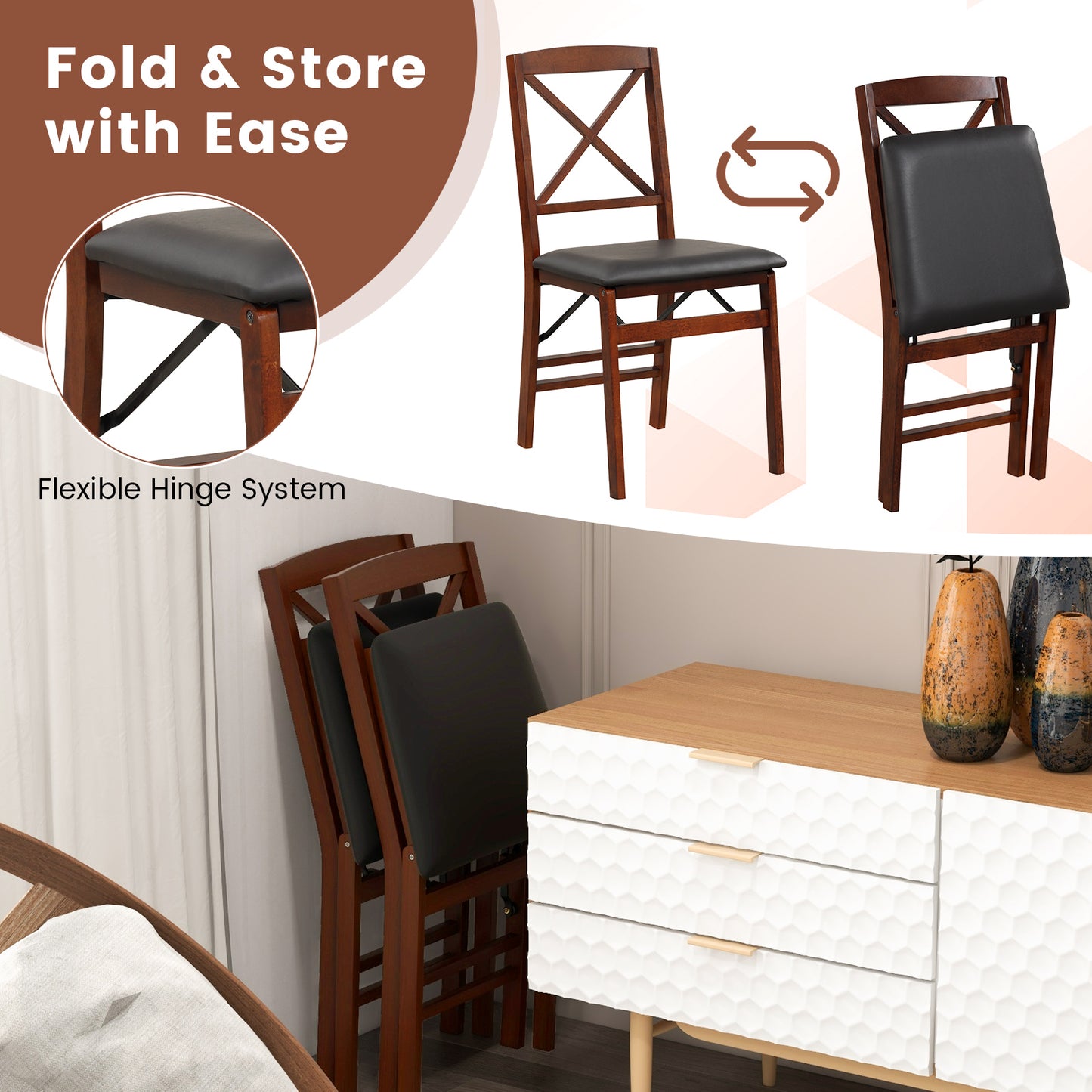 2-Piece Folding Dining Chairs with Comfortable Cushion and Durable Wood Frame