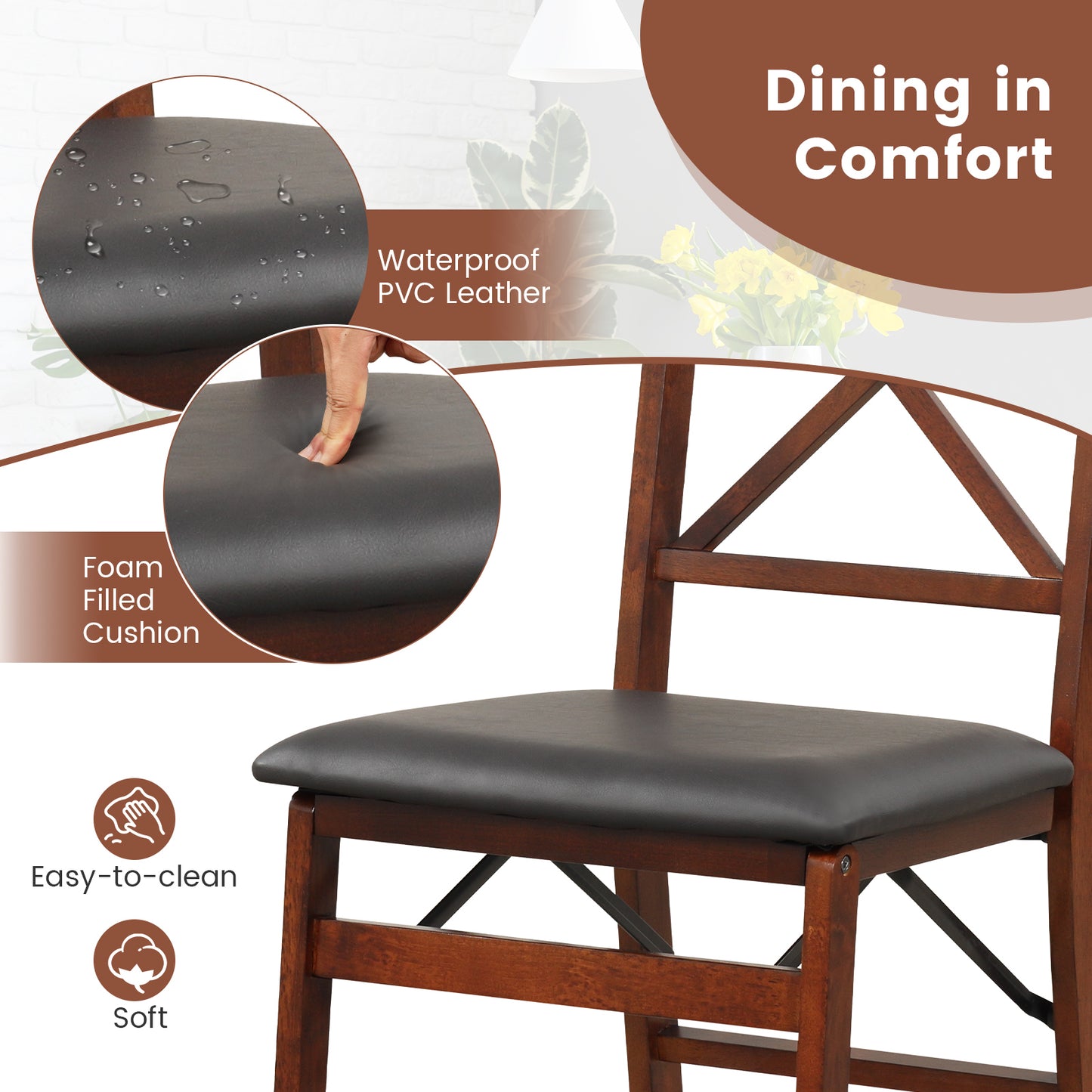 2-Piece Folding Dining Chairs with Comfortable Cushion and Durable Wood Frame