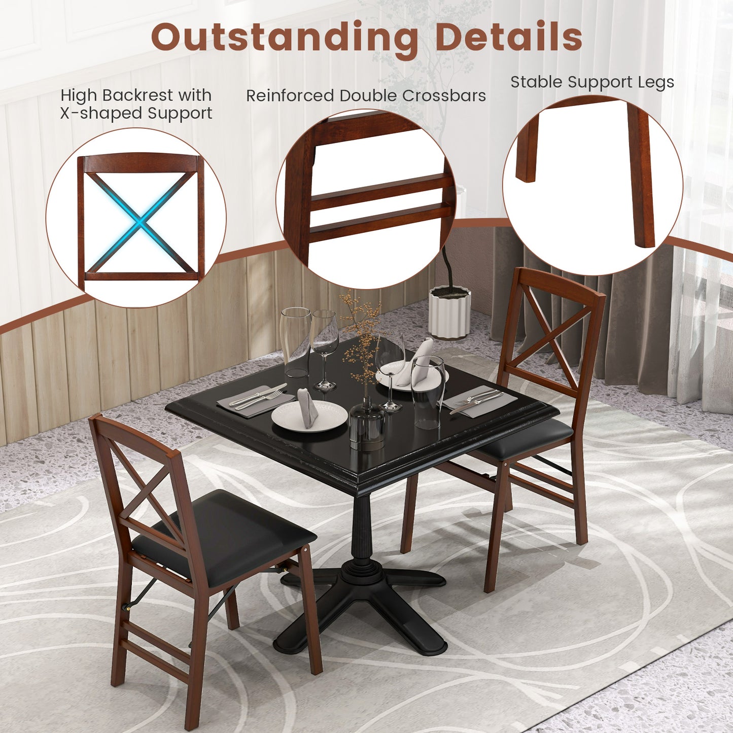 2-Piece Folding Dining Chairs with Comfortable Cushion and Durable Wood Frame