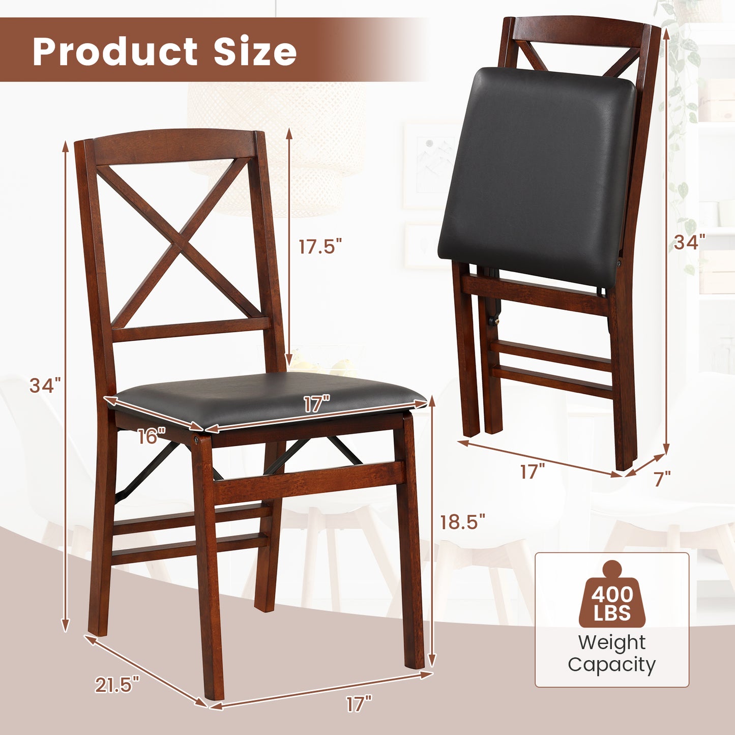 2-Piece Folding Dining Chairs with Comfortable Cushion and Durable Wood Frame
