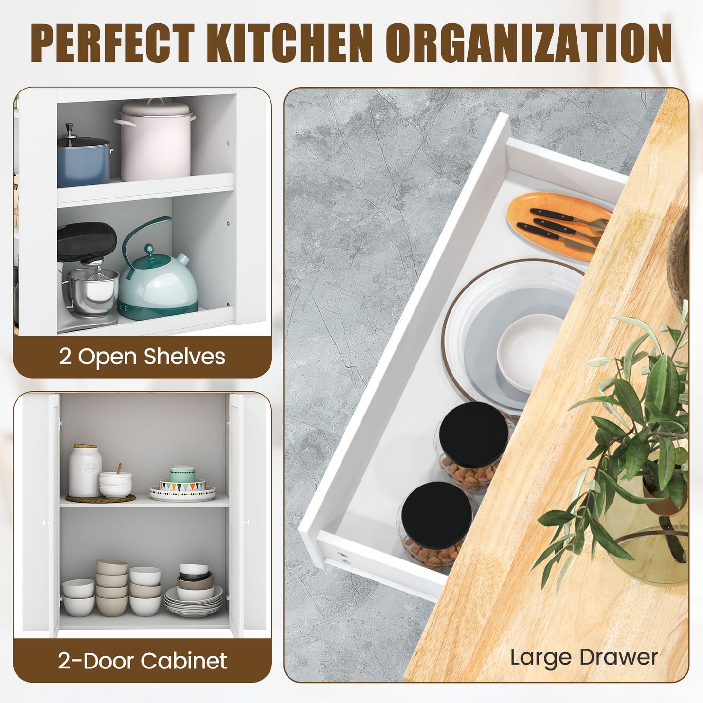Kitchen Island with Spacious Storage Drawers, Cabinets, and Spice Racks