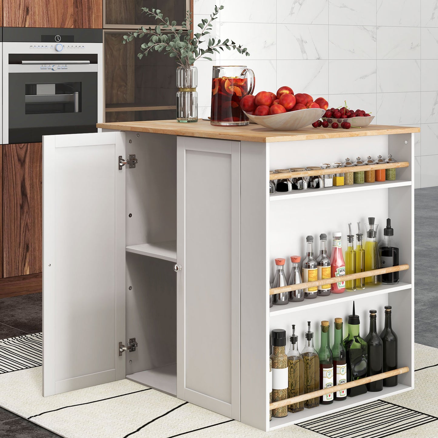 Kitchen Island with Spacious Storage Drawers, Cabinets, and Spice Racks