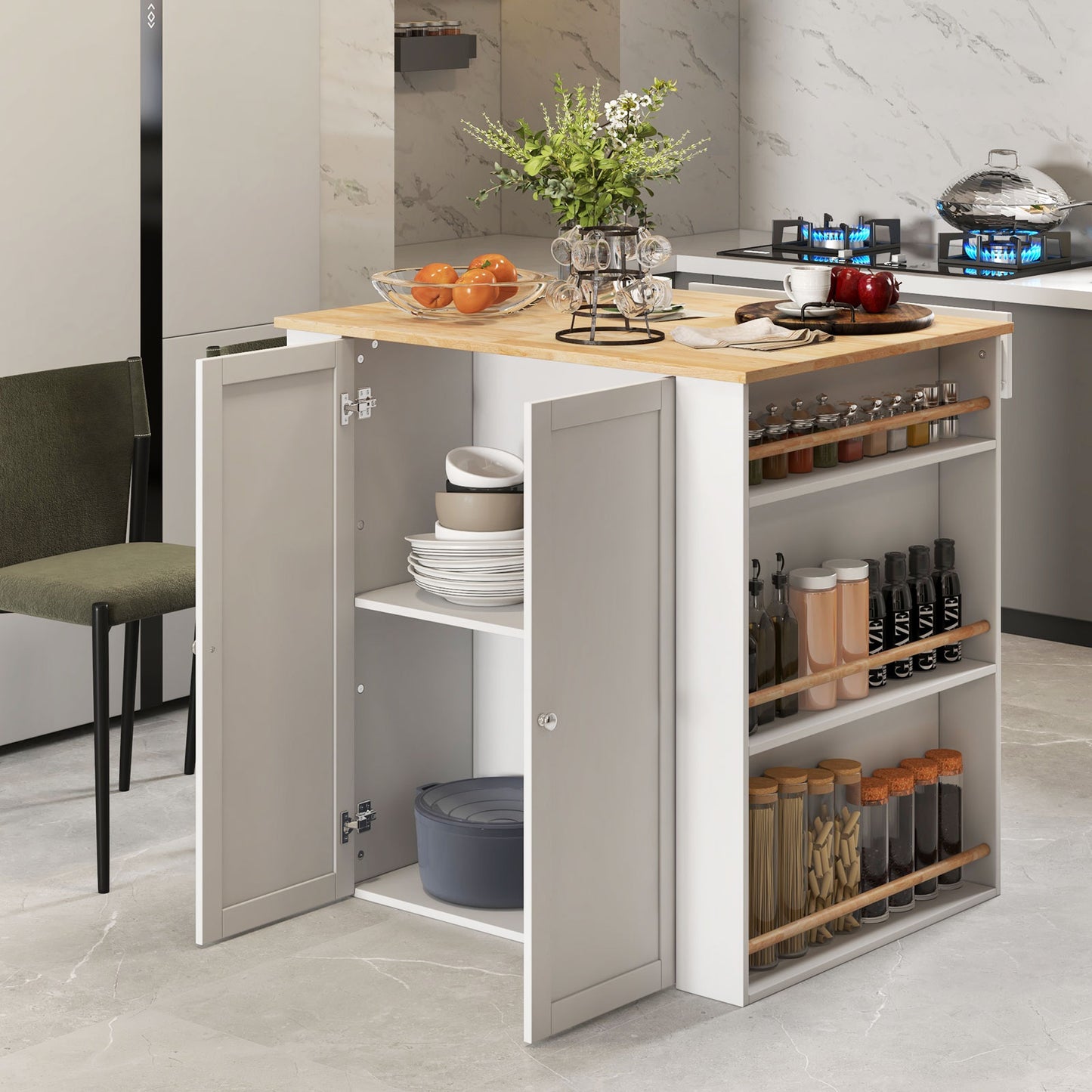 Kitchen Island with Spacious Storage Drawers, Cabinets, and Spice Racks