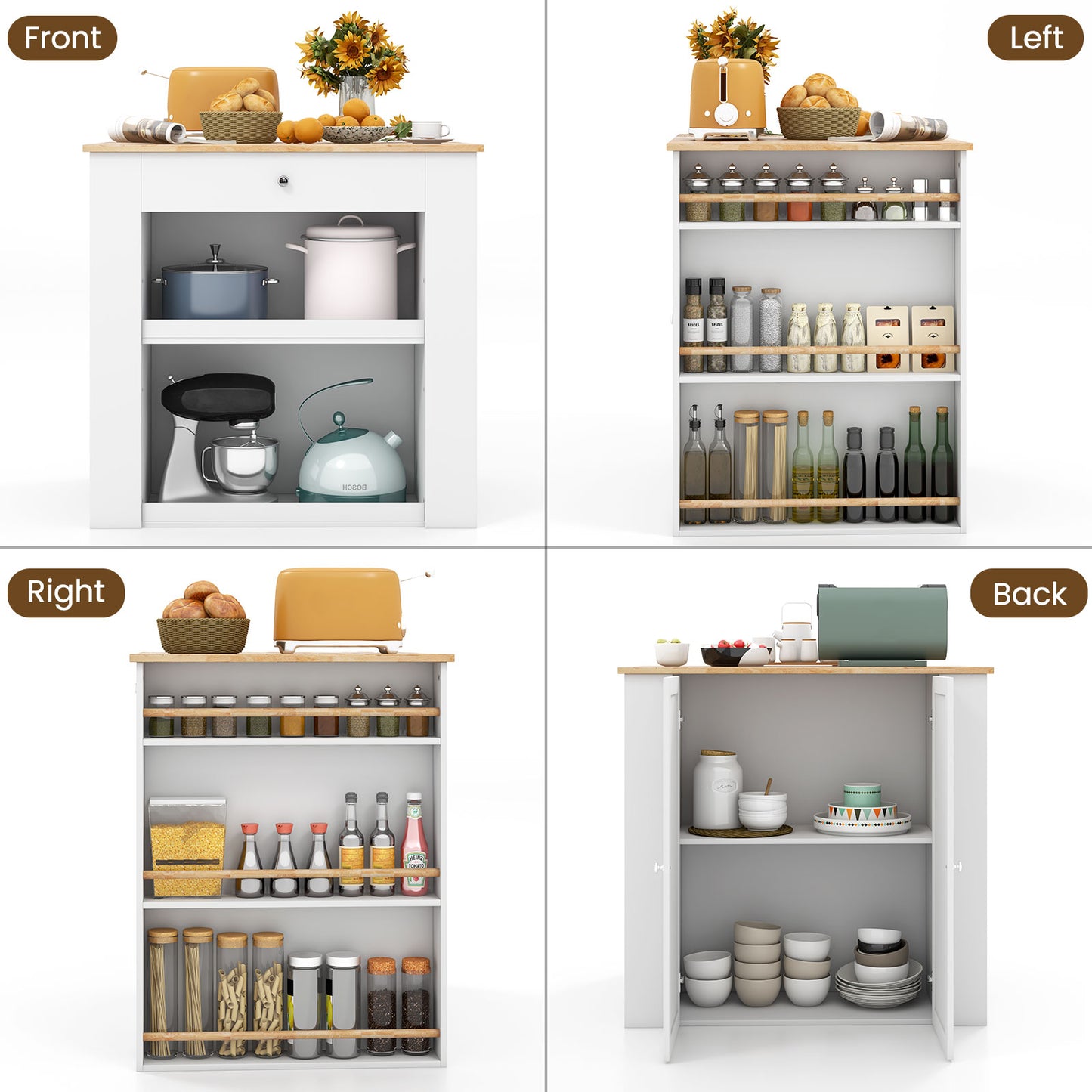 Kitchen Island with Spacious Storage Drawers, Cabinets, and Spice Racks