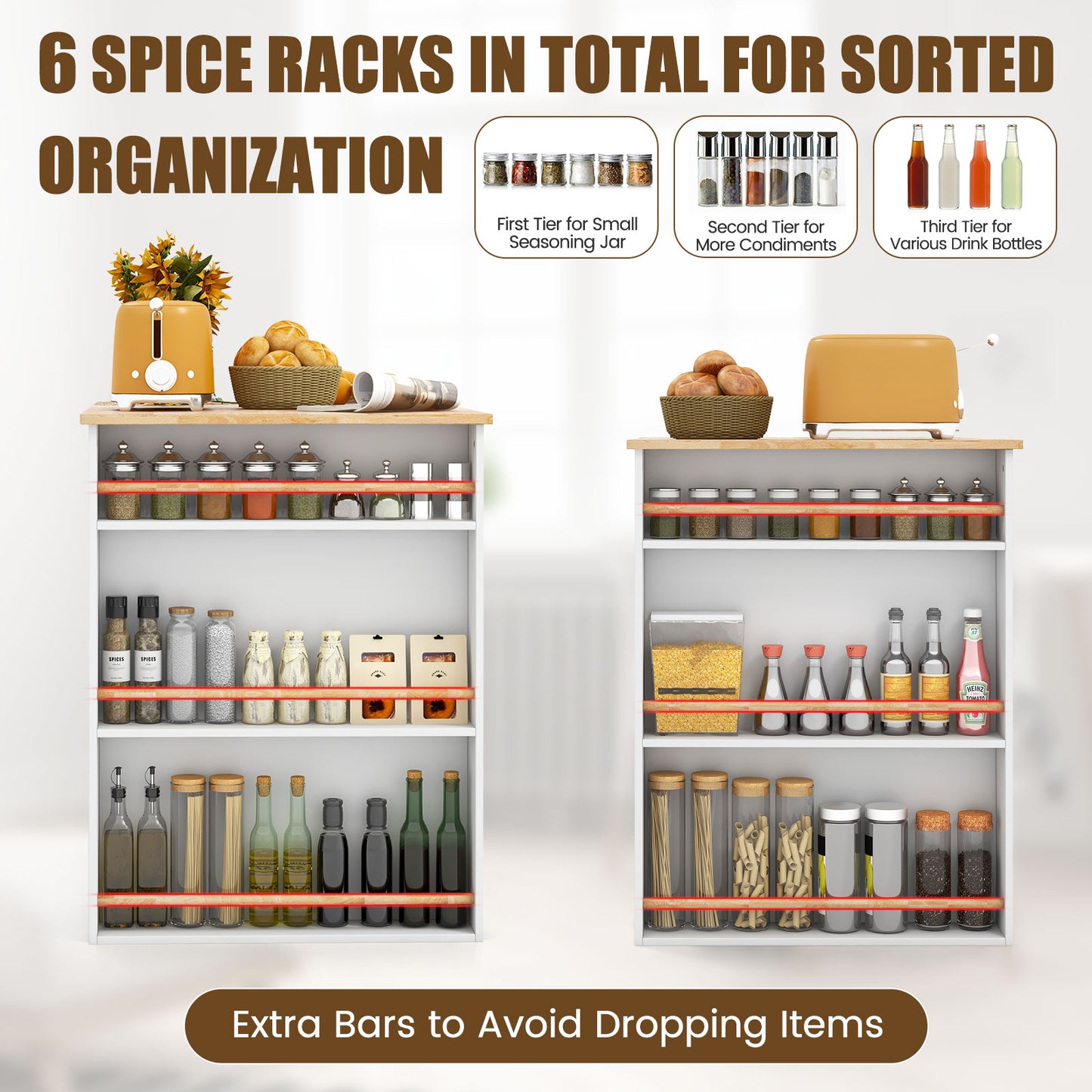 Kitchen Island with Spacious Storage Drawers, Cabinets, and Spice Racks