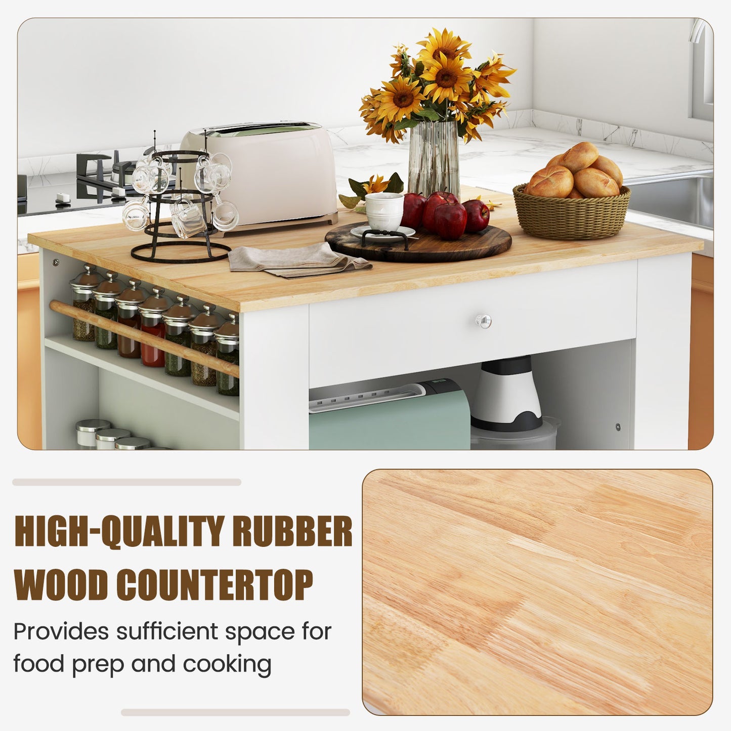 Kitchen Island with Spacious Storage Drawers, Cabinets, and Spice Racks
