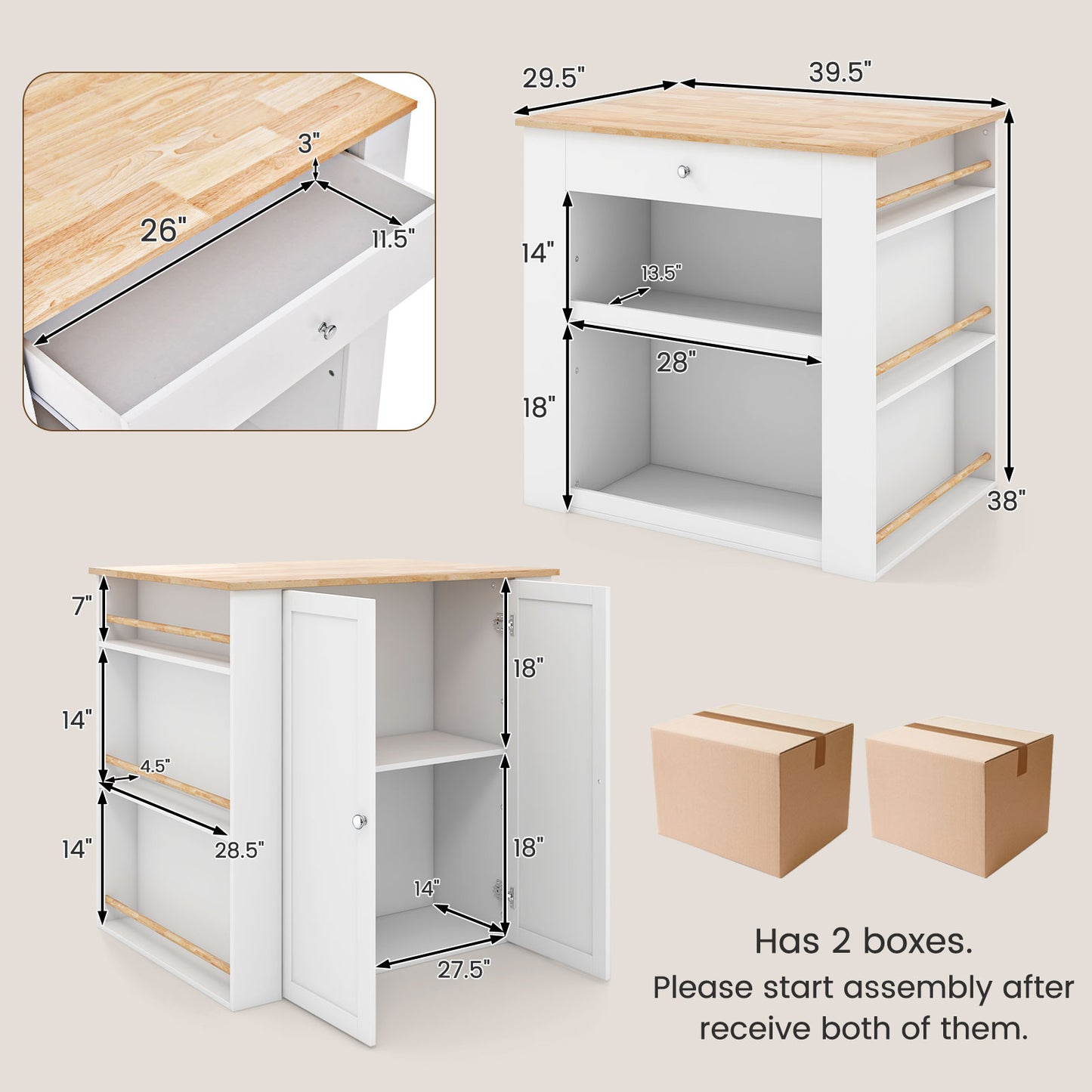 Kitchen Island with Spacious Storage Drawers, Cabinets, and Spice Racks