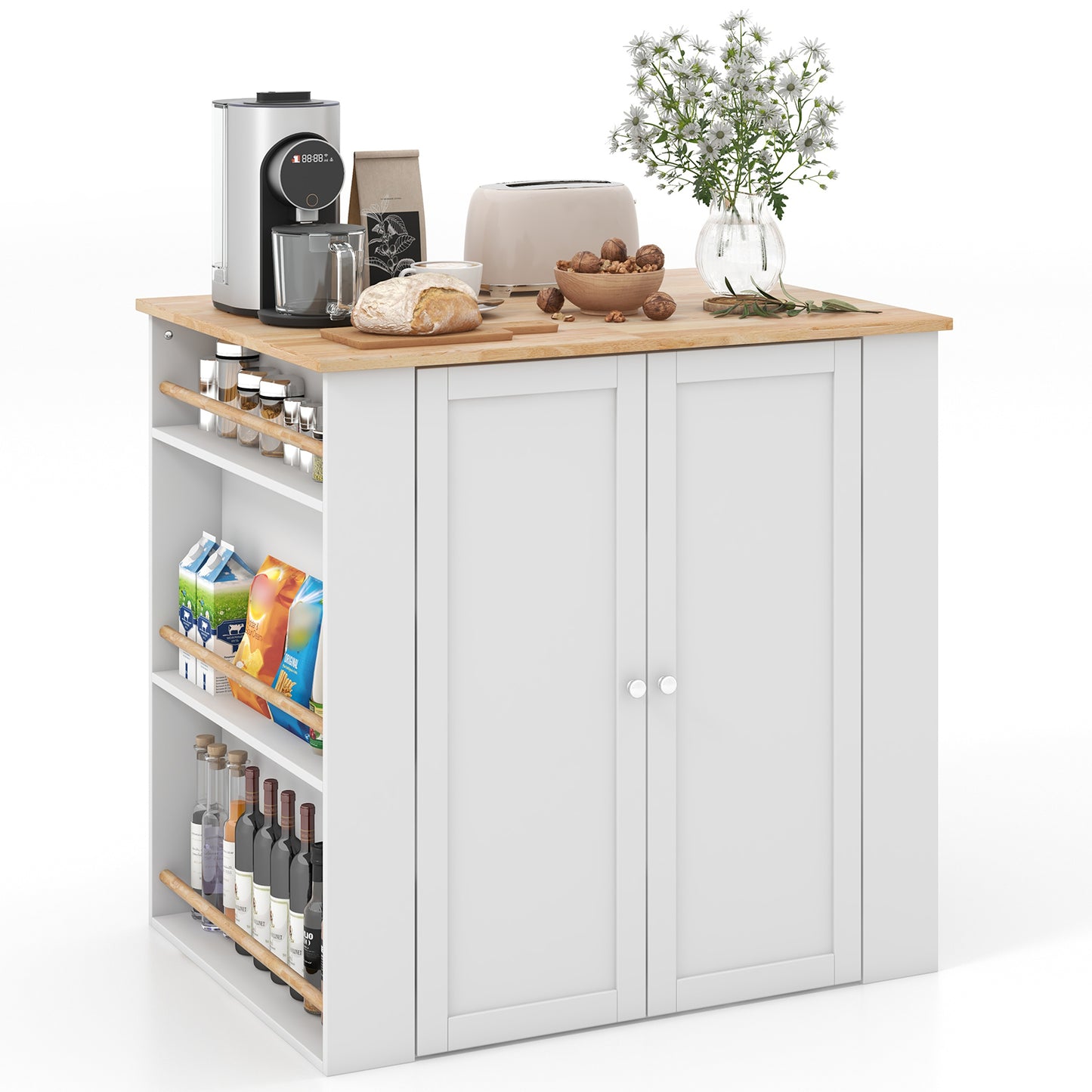 Kitchen Island with Spacious Storage Drawers, Cabinets, and Spice Racks