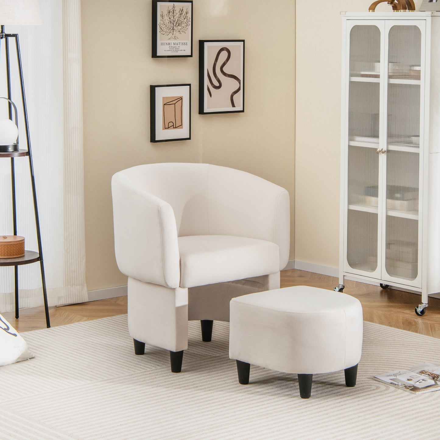 Velvet Barrel Accent Chair with Ottoman and Curved Backrest, Beige