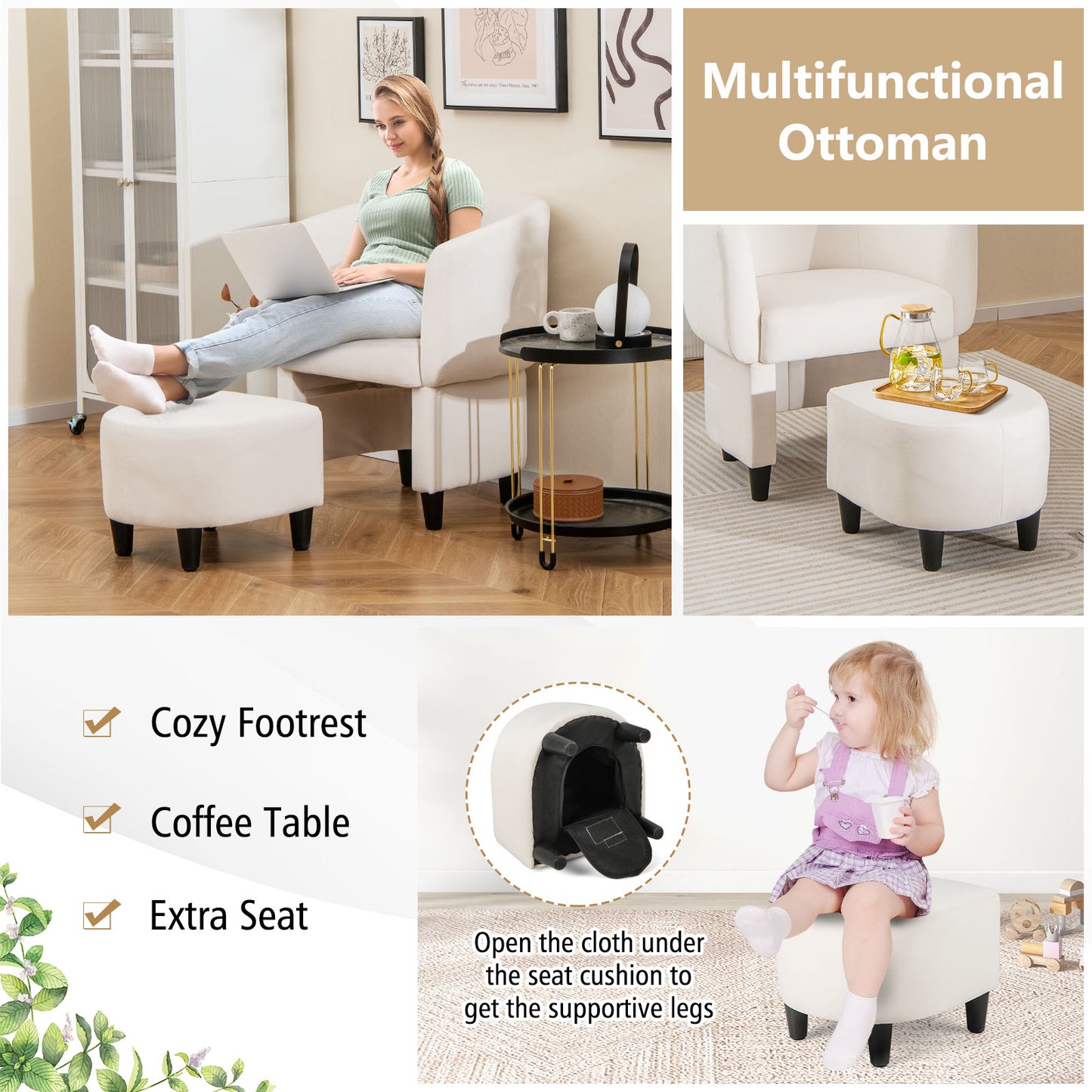 Velvet Barrel Accent Chair with Ottoman and Curved Backrest, Beige