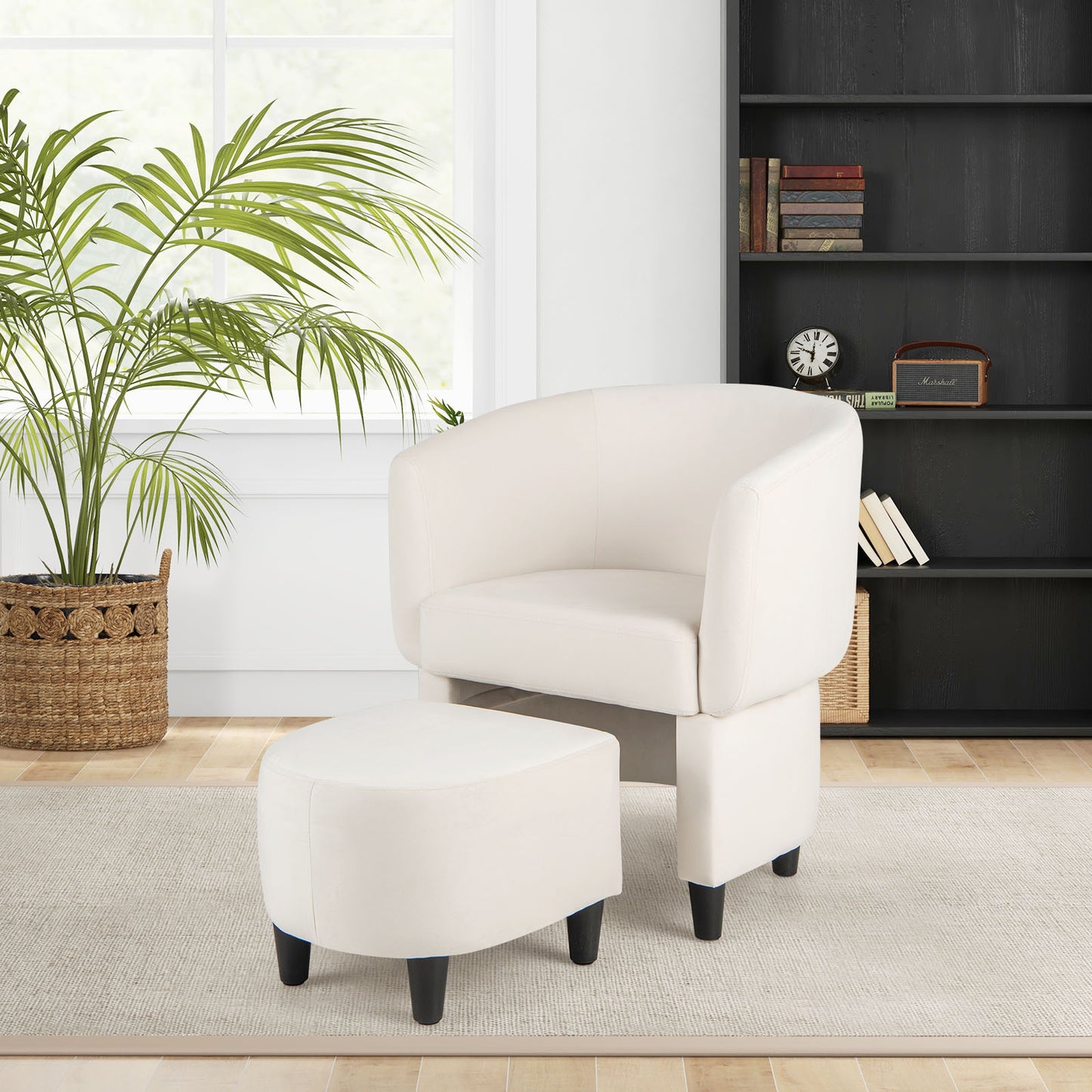 Velvet Barrel Accent Chair with Ottoman and Curved Backrest, Beige
