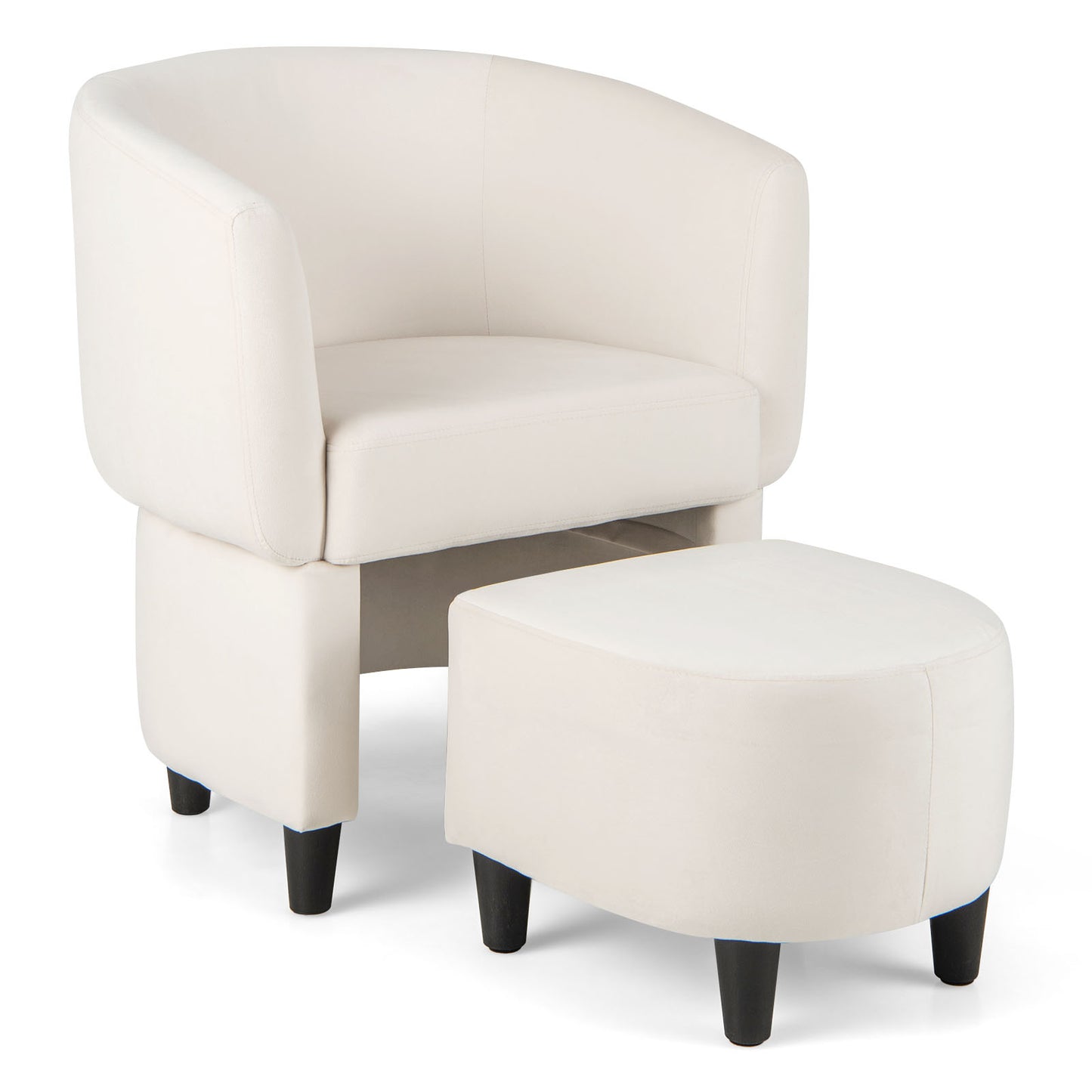 Velvet Barrel Accent Chair with Ottoman and Curved Backrest, Beige