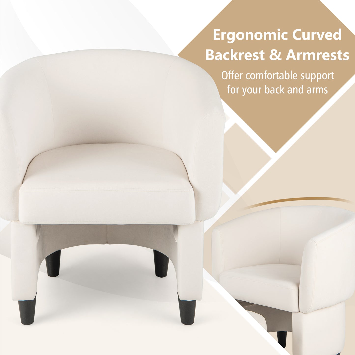 Velvet Barrel Accent Chair with Ottoman and Curved Backrest, Beige