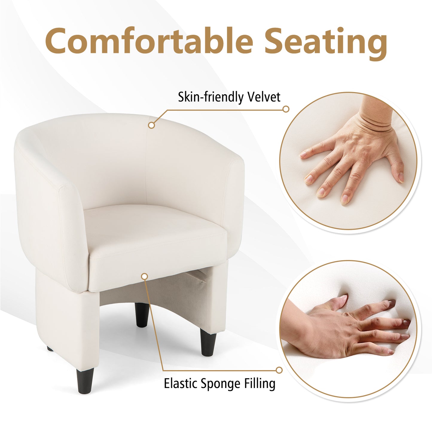 Velvet Barrel Accent Chair with Ottoman and Curved Backrest, Beige