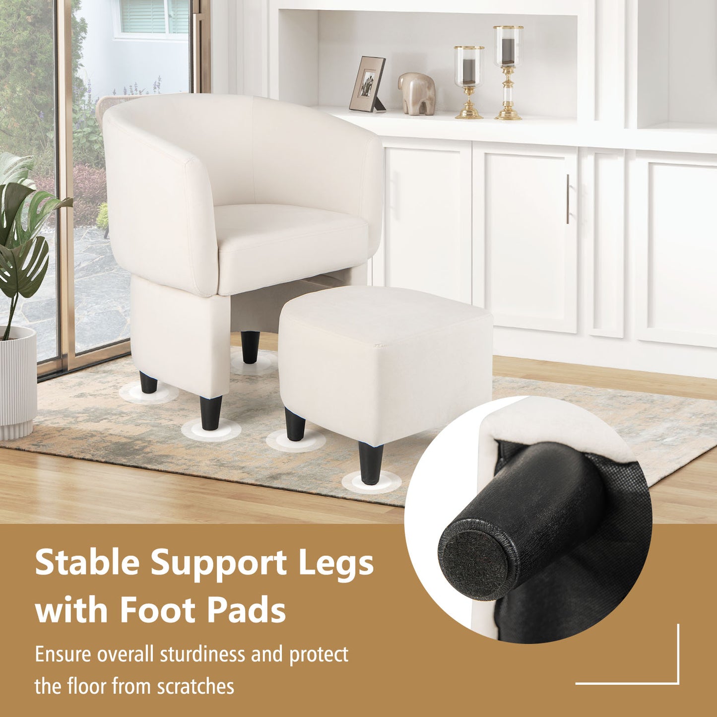 Velvet Barrel Accent Chair with Ottoman and Curved Backrest, Beige