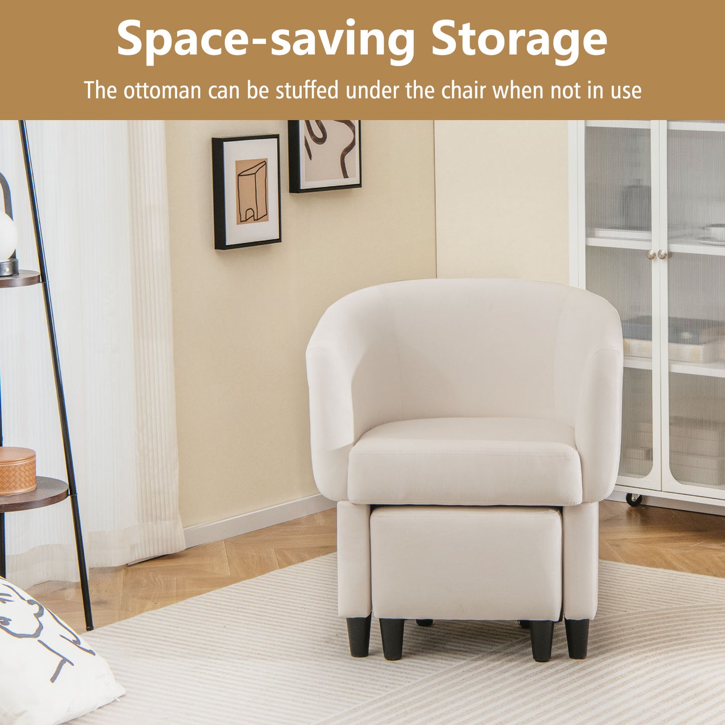 Velvet Barrel Accent Chair with Ottoman and Curved Backrest, Beige