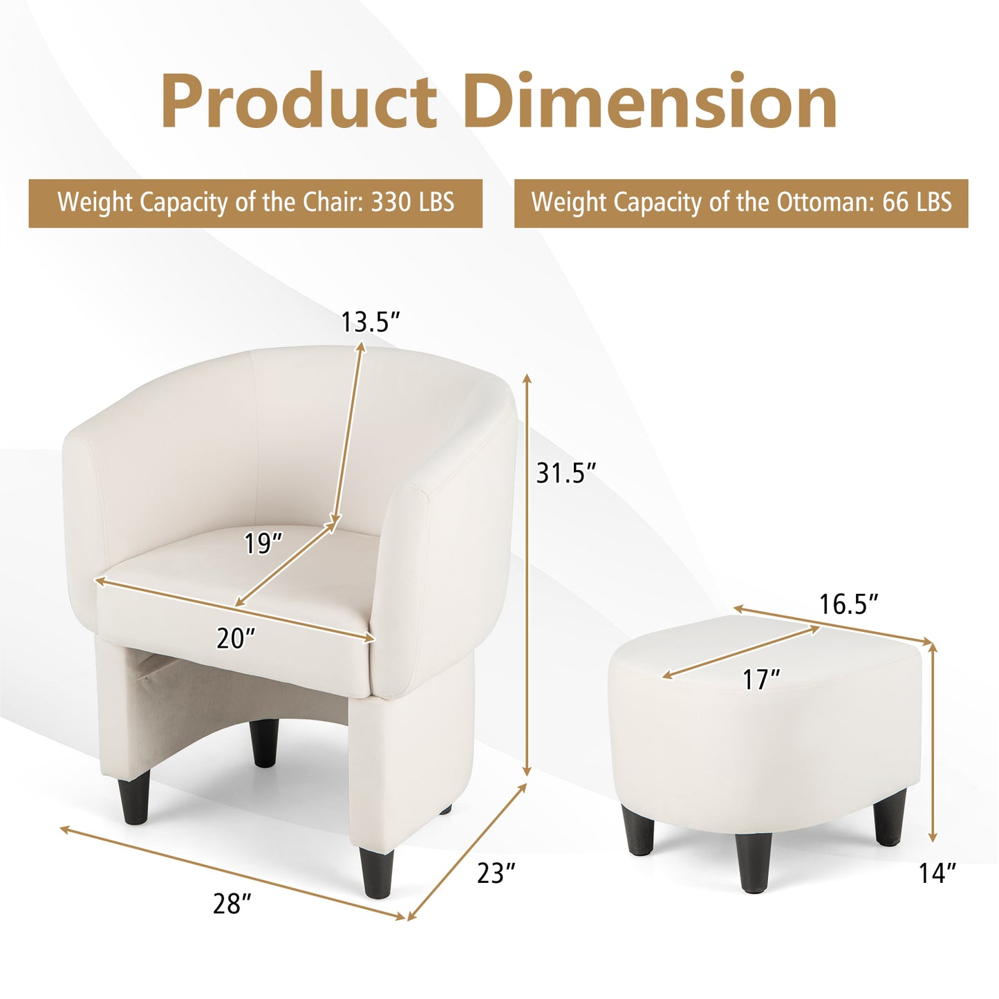 Velvet Barrel Accent Chair with Ottoman and Curved Backrest, Beige