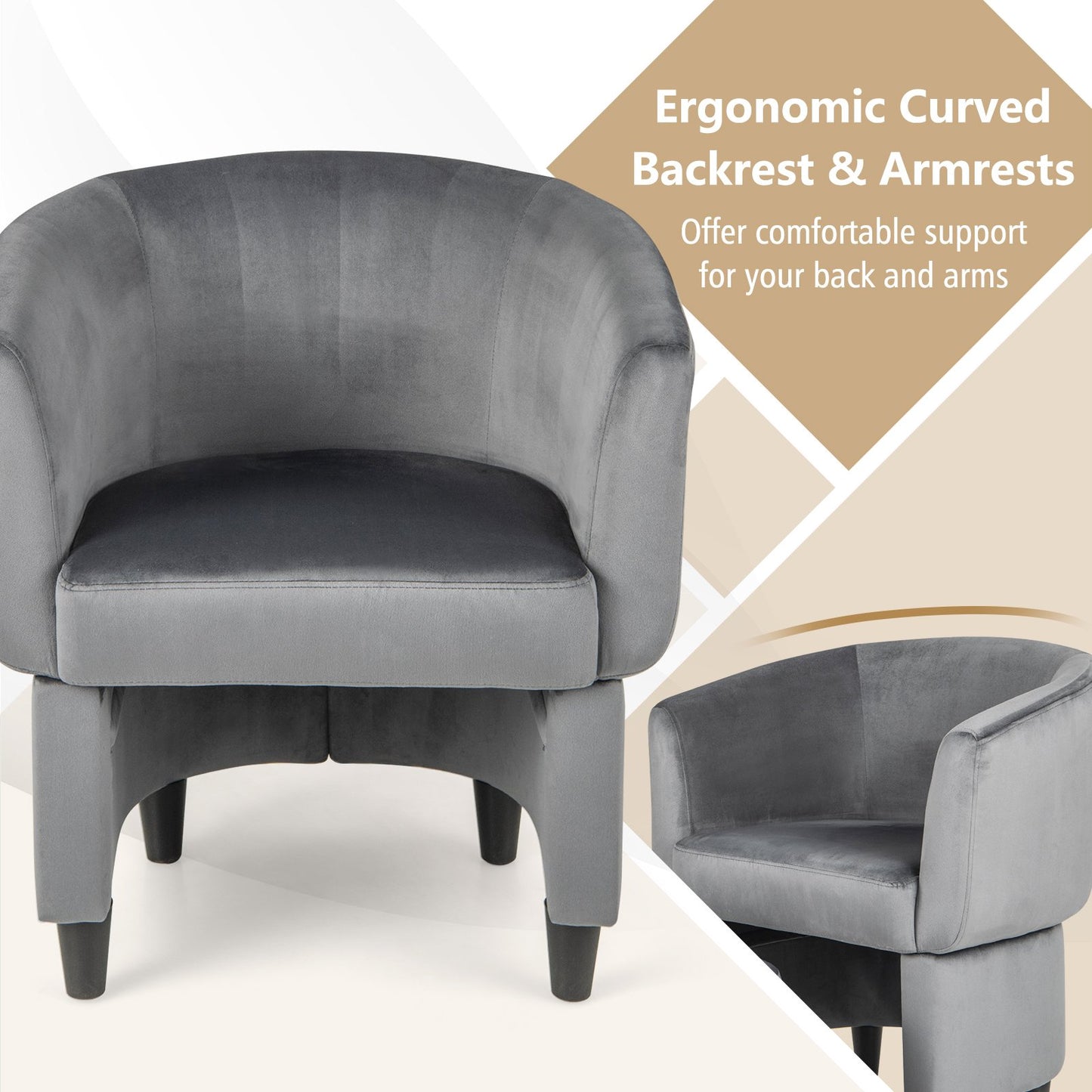 Velvet Barrel Accent Chair with Ottoman and Curved Backrest, Grey