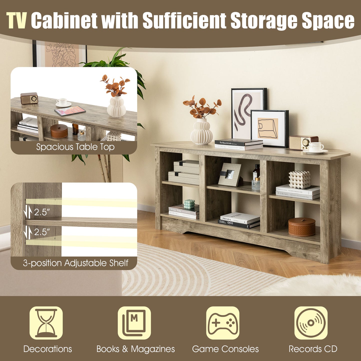 58 Inch TV Console with Adjustable Shelf and 6 Storage Compartments for TVs up to 65 Inches - Grey
