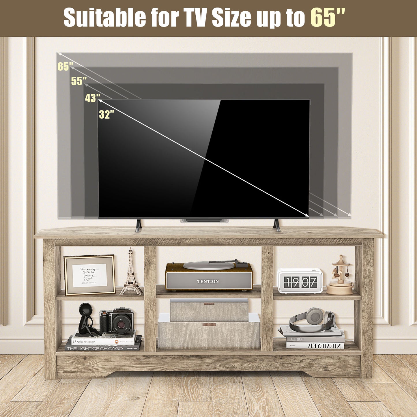 58 Inch TV Console with Adjustable Shelf and 6 Storage Compartments for TVs up to 65 Inches - Grey