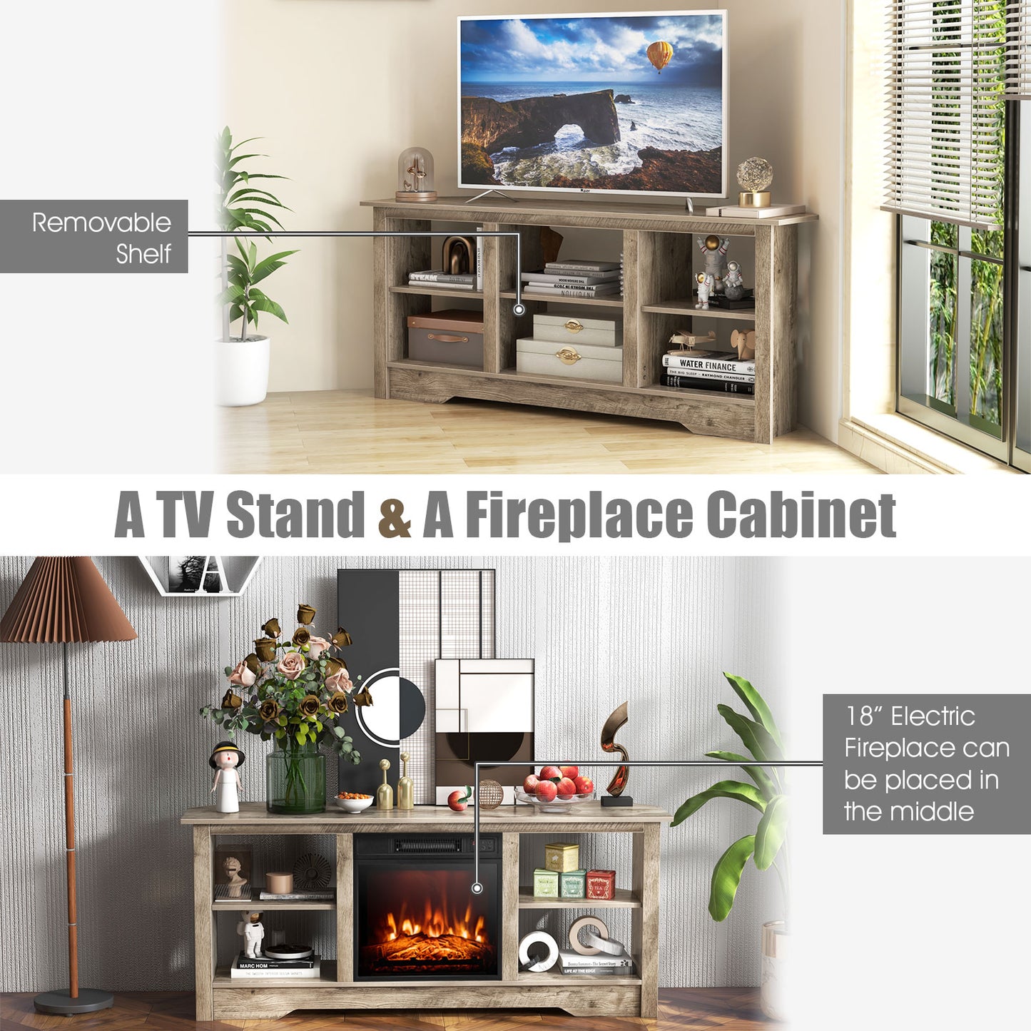 58 Inch TV Console with Adjustable Shelf and 6 Storage Compartments for TVs up to 65 Inches - Grey