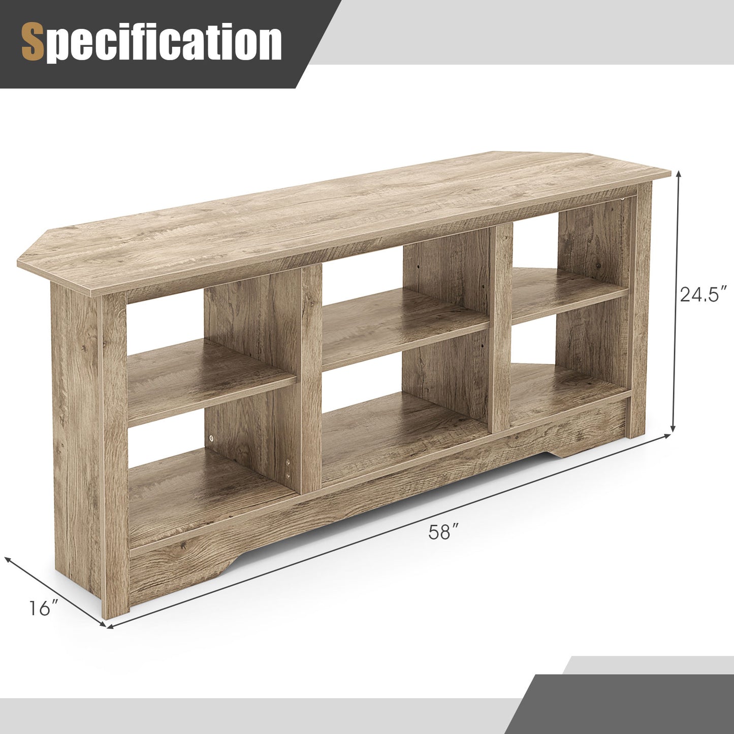 58 Inch TV Console with Adjustable Shelf and 6 Storage Compartments for TVs up to 65 Inches - Grey