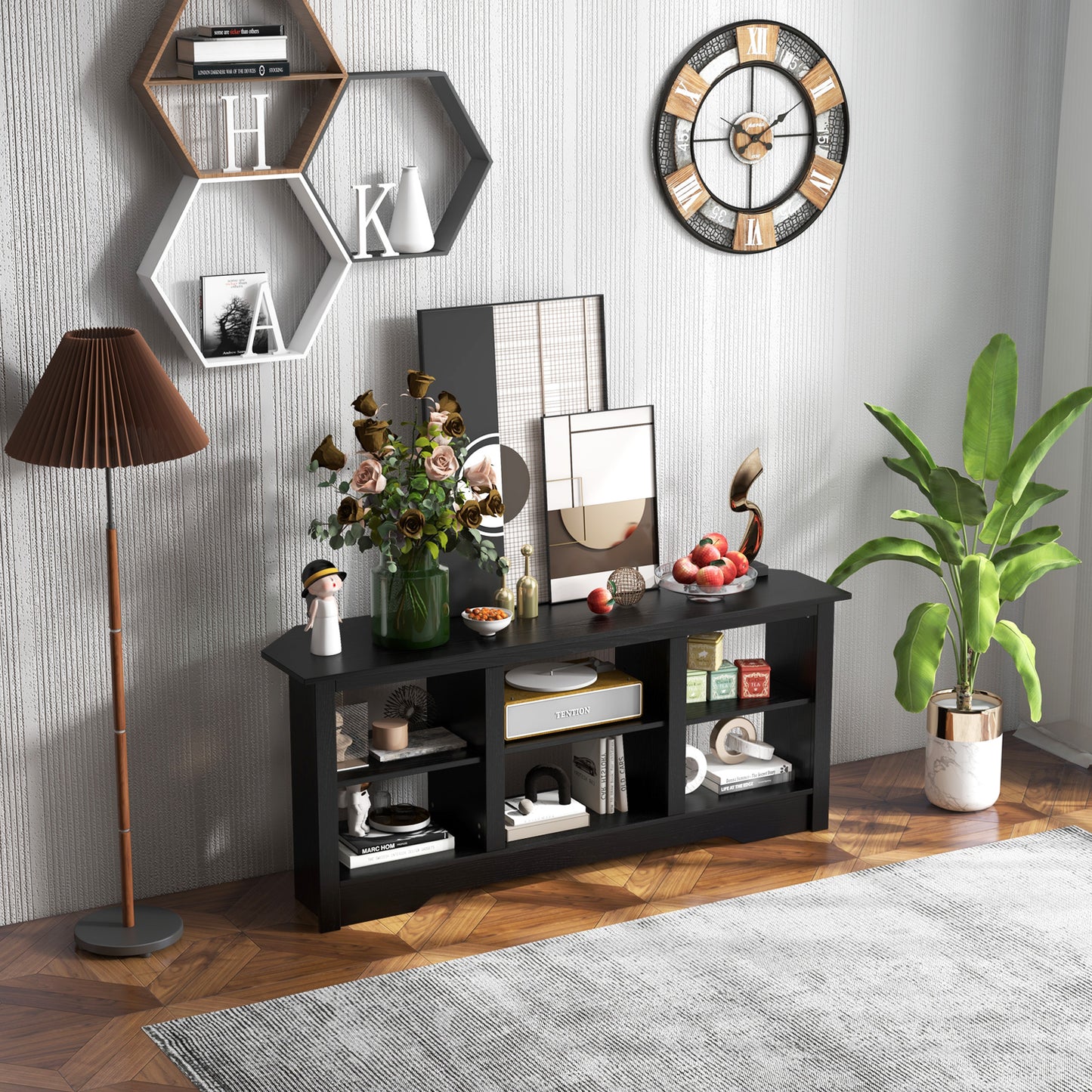 58 Inch TV Console with Adjustable Shelf and 6 Storage Compartments for TVs up to 65 Inches - Black