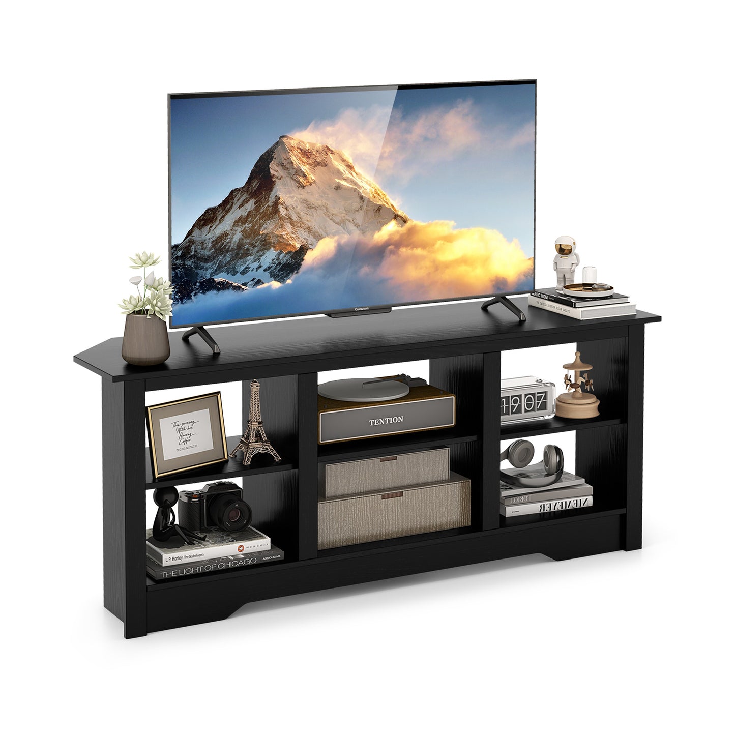 58 Inch TV Console with Adjustable Shelf and 6 Storage Compartments for TVs up to 65 Inches - Black