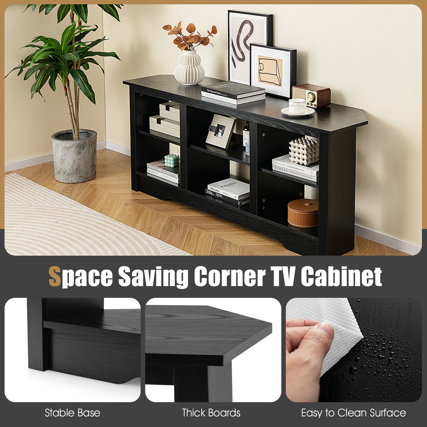 58 Inch TV Console with Adjustable Shelf and 6 Storage Compartments for TVs up to 65 Inches - Black