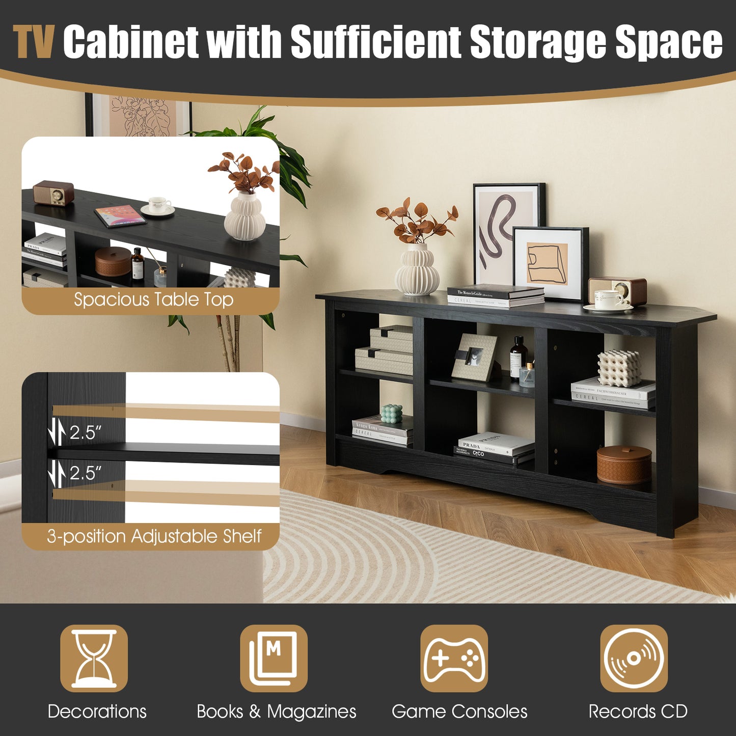 58 Inch TV Console with Adjustable Shelf and 6 Storage Compartments for TVs up to 65 Inches - Black