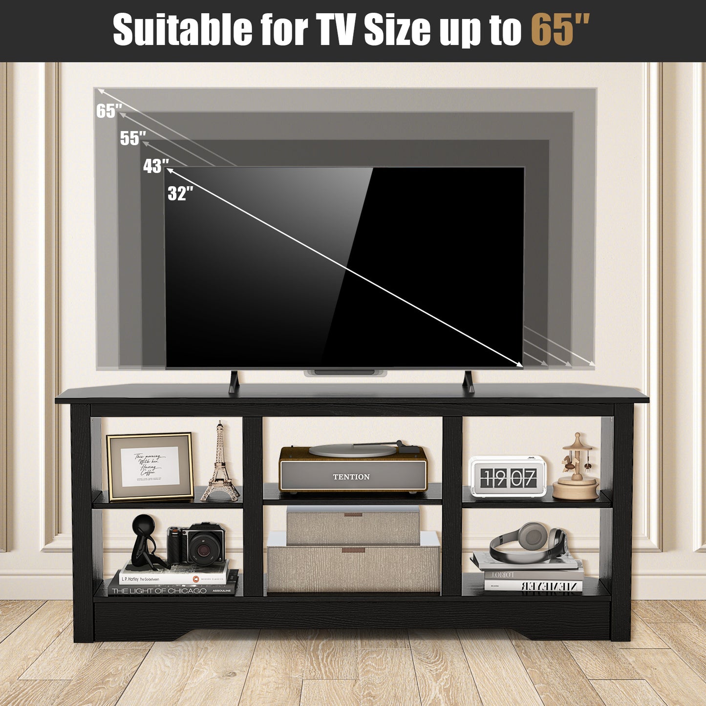 58 Inch TV Console with Adjustable Shelf and 6 Storage Compartments for TVs up to 65 Inches - Black