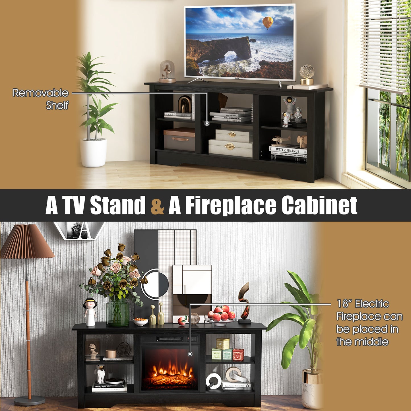 58 Inch TV Console with Adjustable Shelf and 6 Storage Compartments for TVs up to 65 Inches - Black